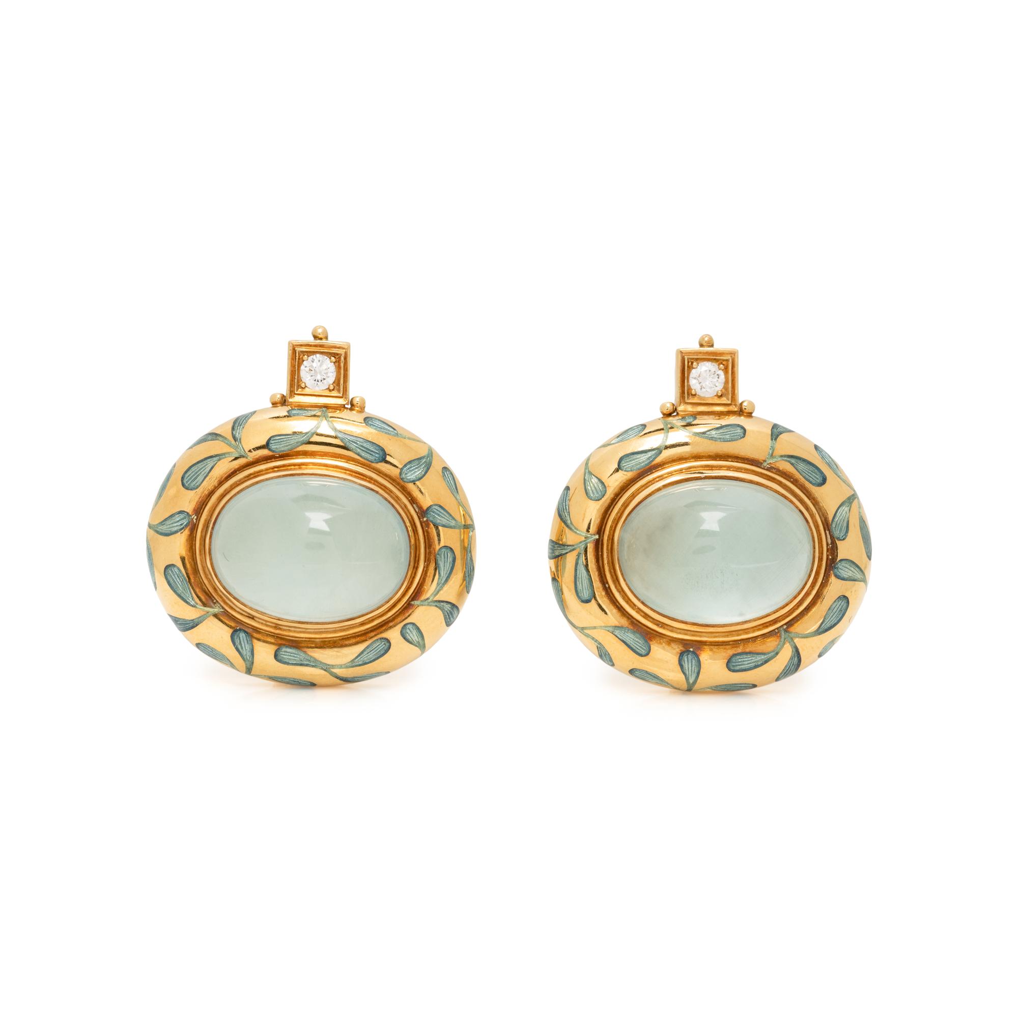ELIZABETH GAGE, AQUAMARINE, ENAMEL, AND DIAMOND CLIP EARRINGS