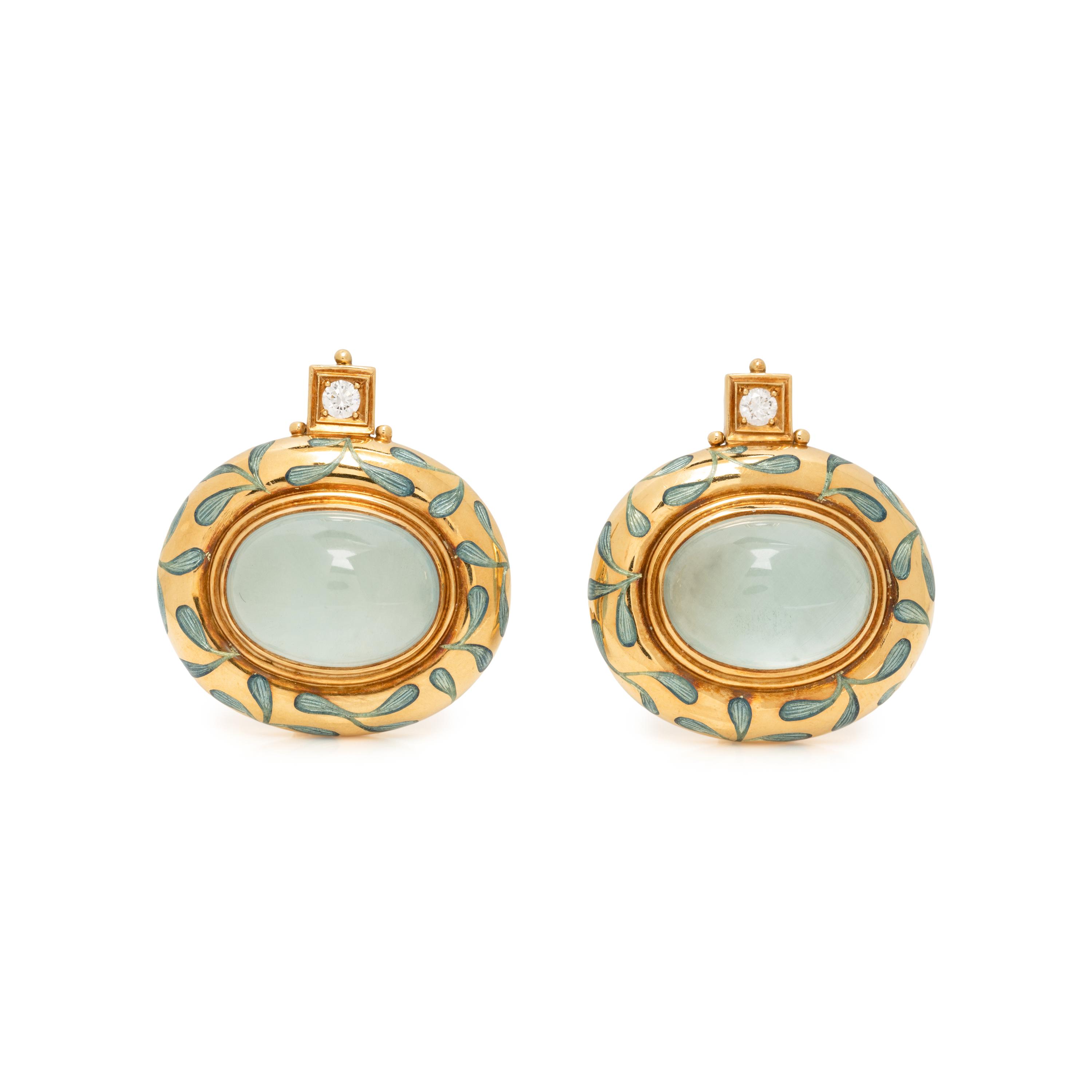 ELIZABETH GAGE, AQUAMARINE, ENAMEL, AND DIAMOND CLIP EARRINGS