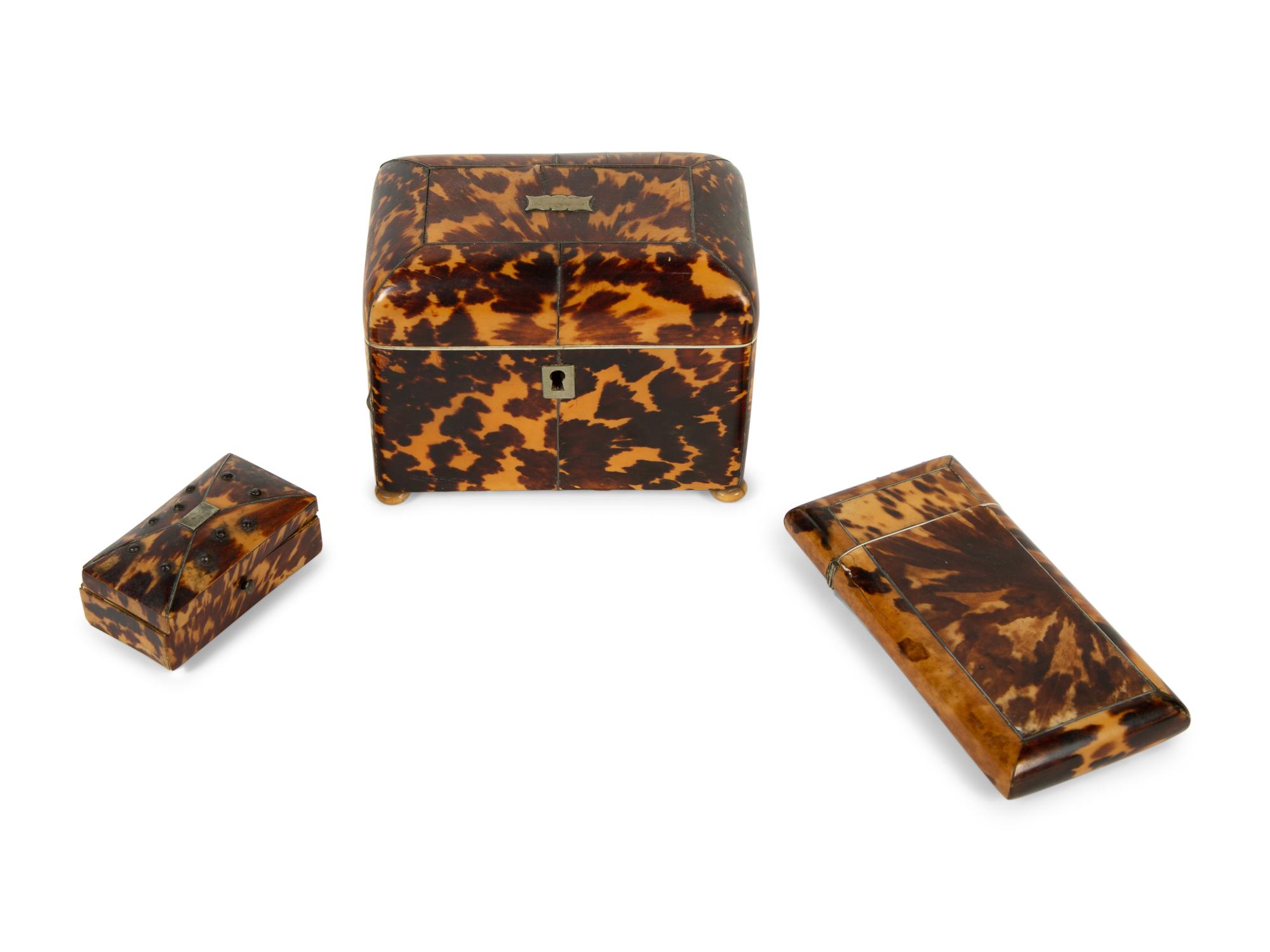 A Regency Tortoiseshell Tea Caddy, Card Case, and Small Box
