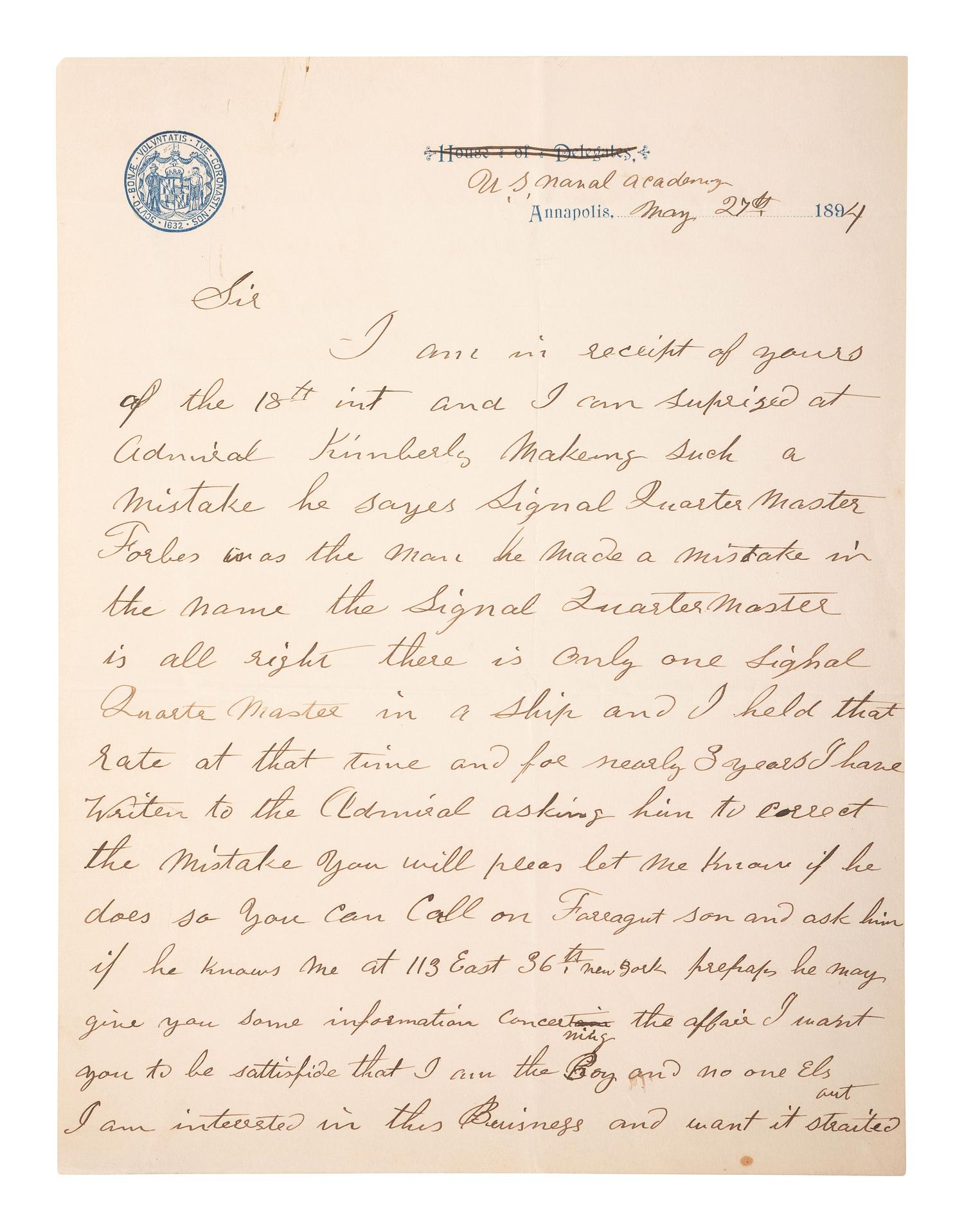[CIVIL WAR - NAVY]. A group of 9 documents related to Robert Coster and his efforts to confirm the identity of the man who lashed Rear Admiral David G. Farragut to the rigging of the Hartford at the Battle of Mobile Bay.