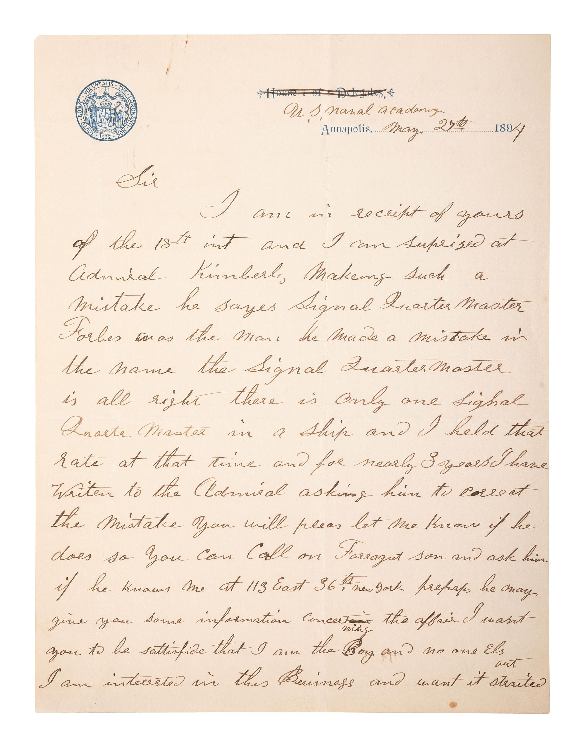 [CIVIL WAR - NAVY]. A group of 9 documents related to Robert Coster and his efforts to confirm the identity of the man who lashed Rear Admiral David G. Farragut to the rigging of the Hartford at the Battle of Mobile Bay.