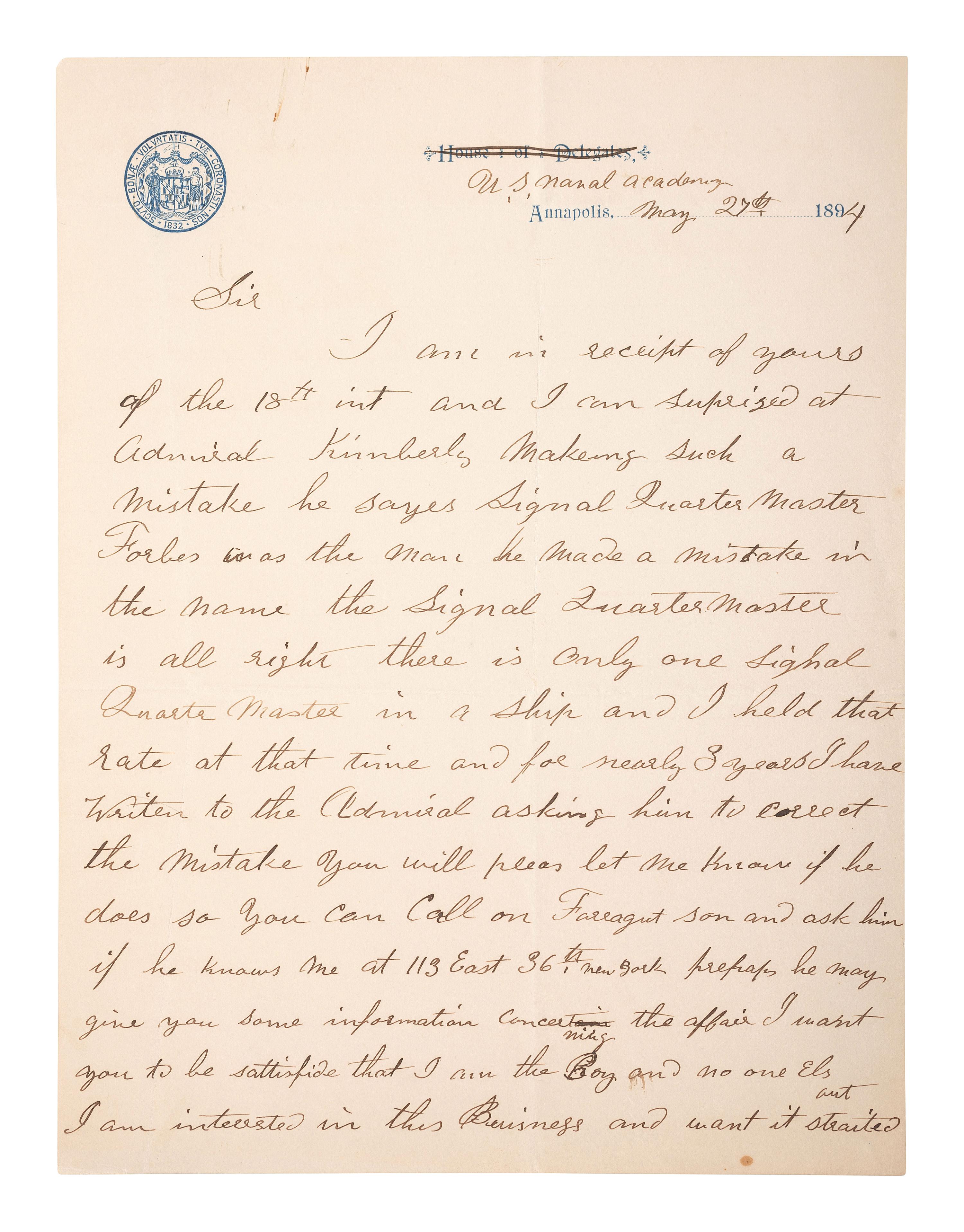 [CIVIL WAR - NAVY]. A group of 9 documents related to Robert Coster and his efforts to confirm the identity of the man who lashed Rear Admiral David G. Farragut to the rigging of the Hartford at the Battle of Mobile Bay.