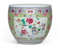 A large Chinese Famille Rose-decorated yellow-ground jardiniere, 19th to early 20th century