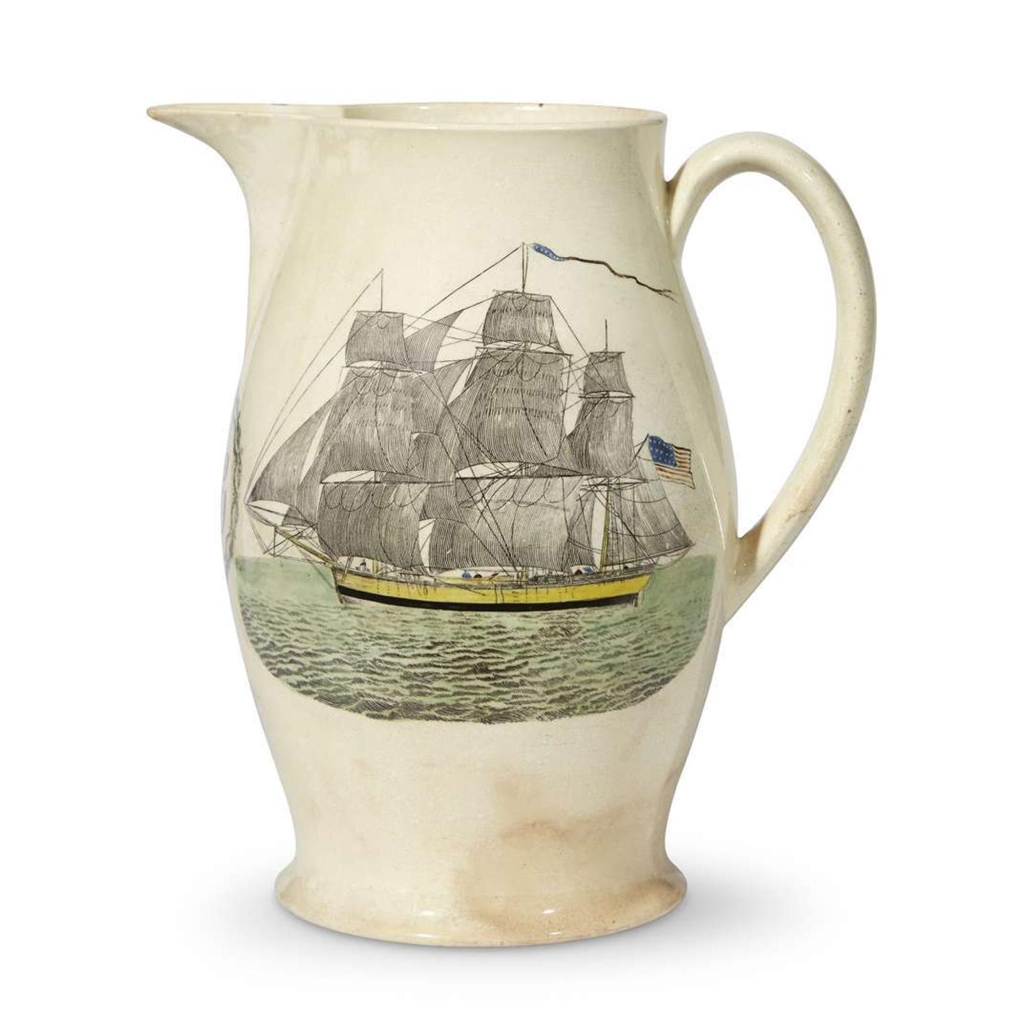 Transfer-printed and enameled creamware presentation jug England, circa 1800