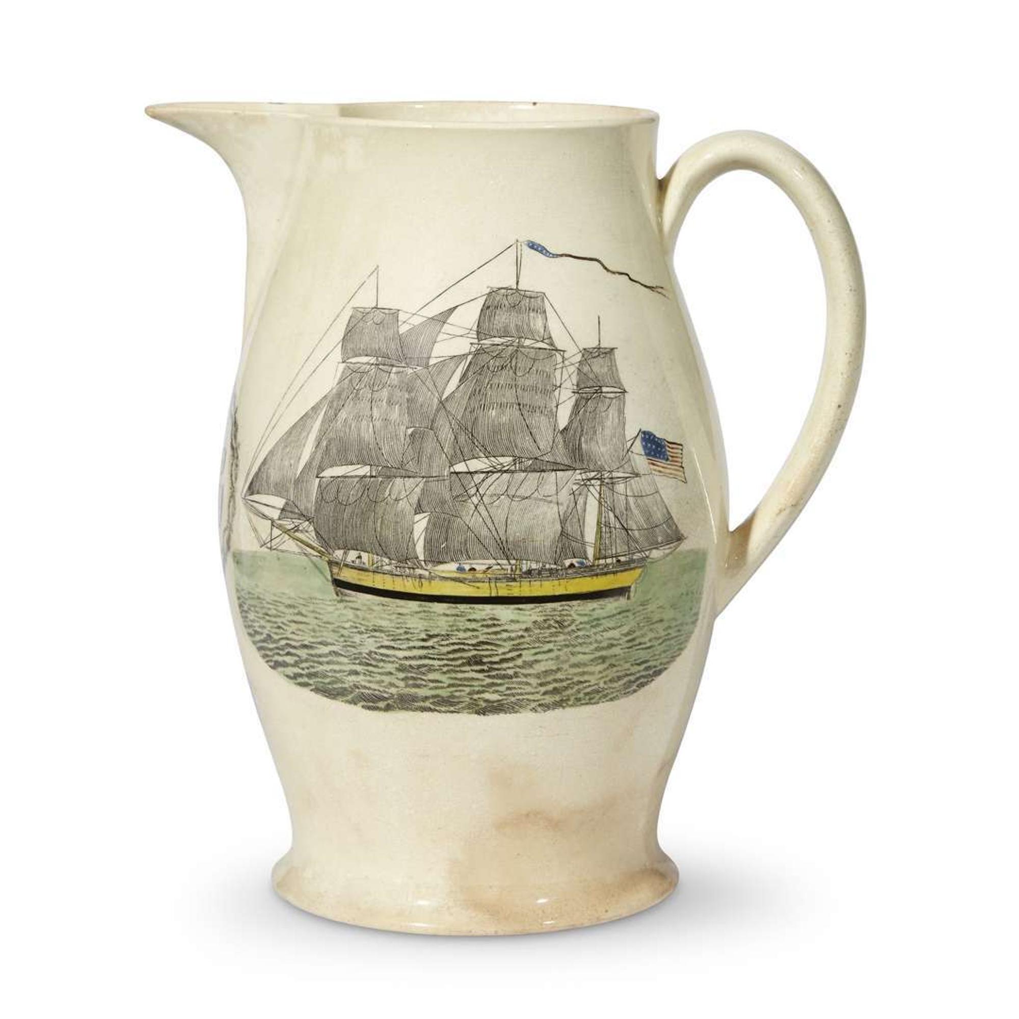 Transfer-printed and enameled creamware presentation jug England, circa 1800