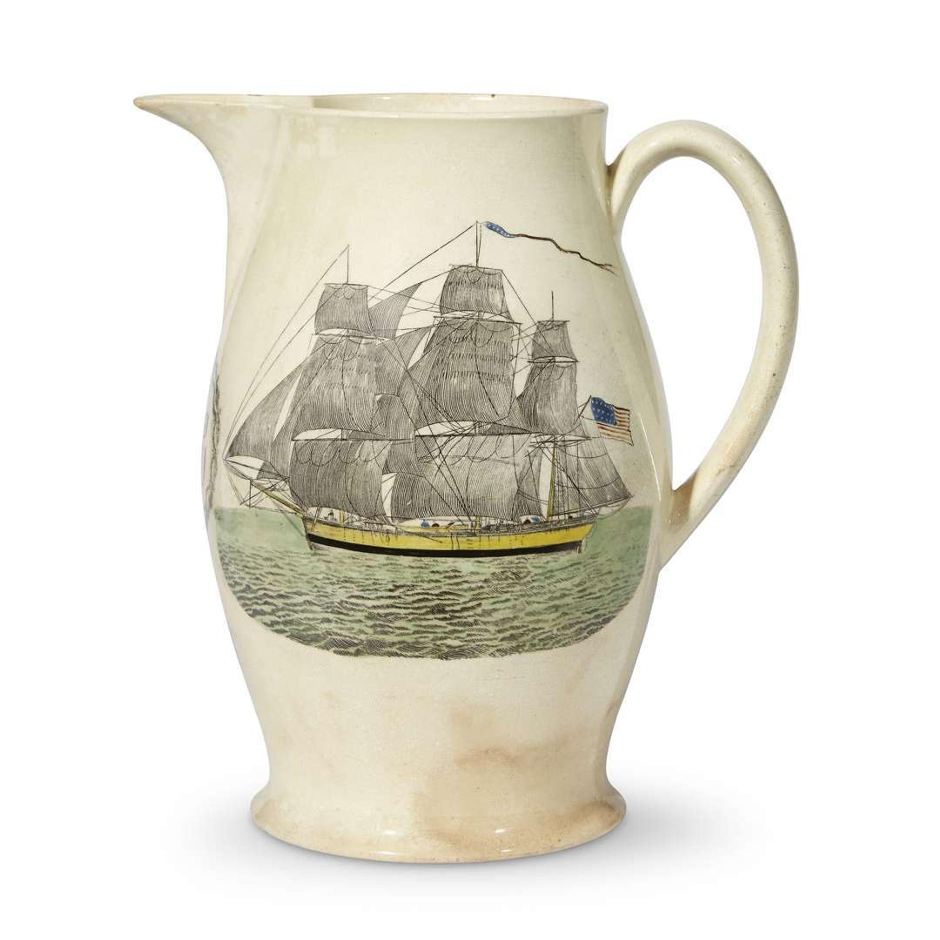 Transfer-printed and enameled creamware presentation jug England, circa 1800