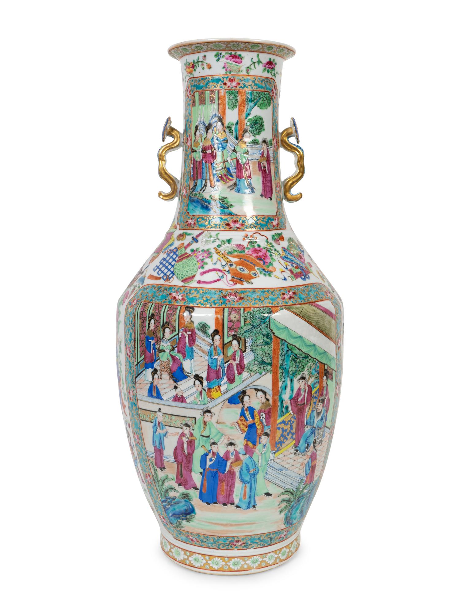 A Large Rose Medallion Porcelain Vase with Gilt Handles
