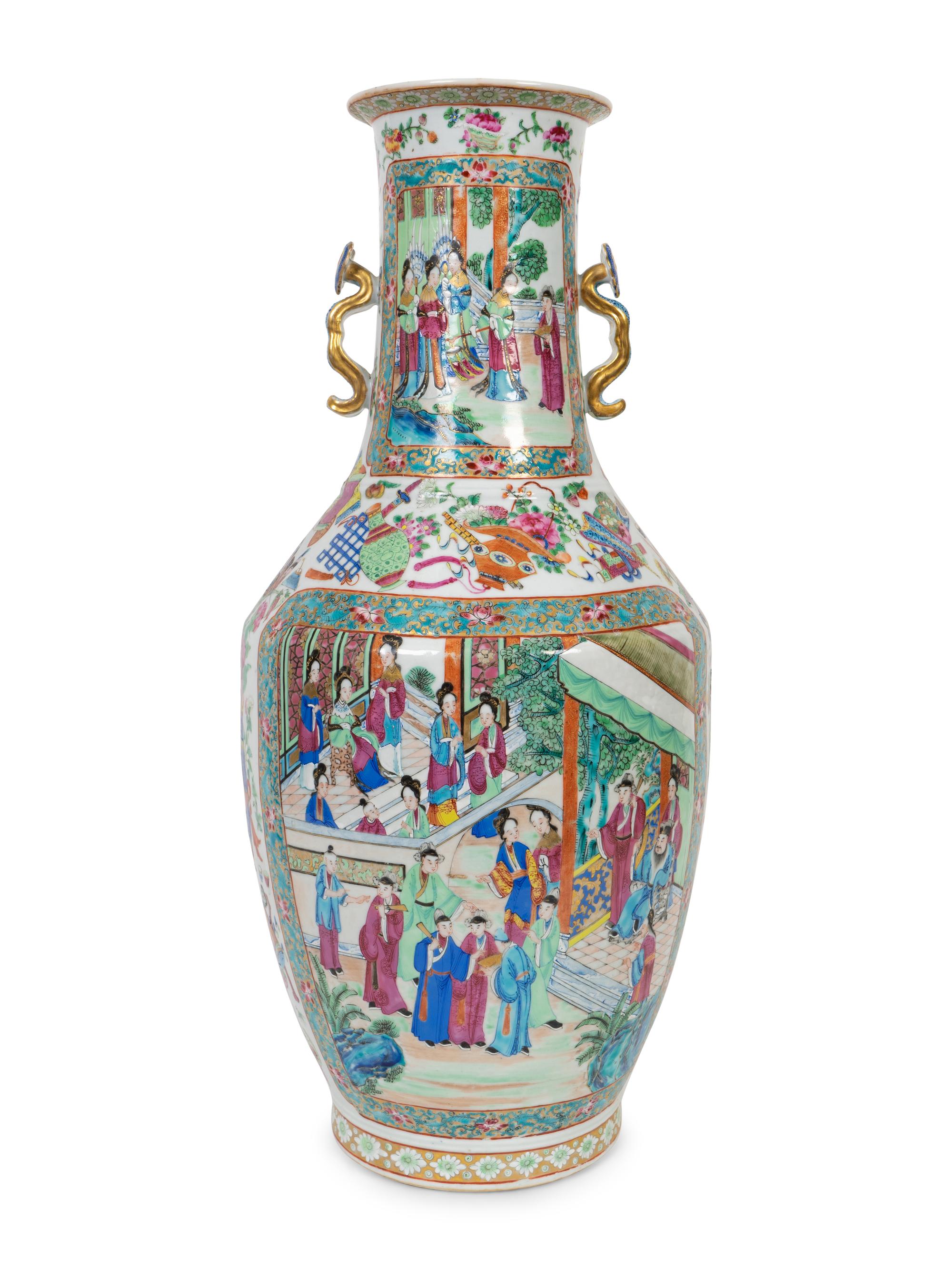 A Large Rose Medallion Porcelain Vase with Gilt Handles