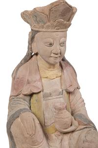 A Chinese Carved Stone Seated Figure with Polychrome Decoration