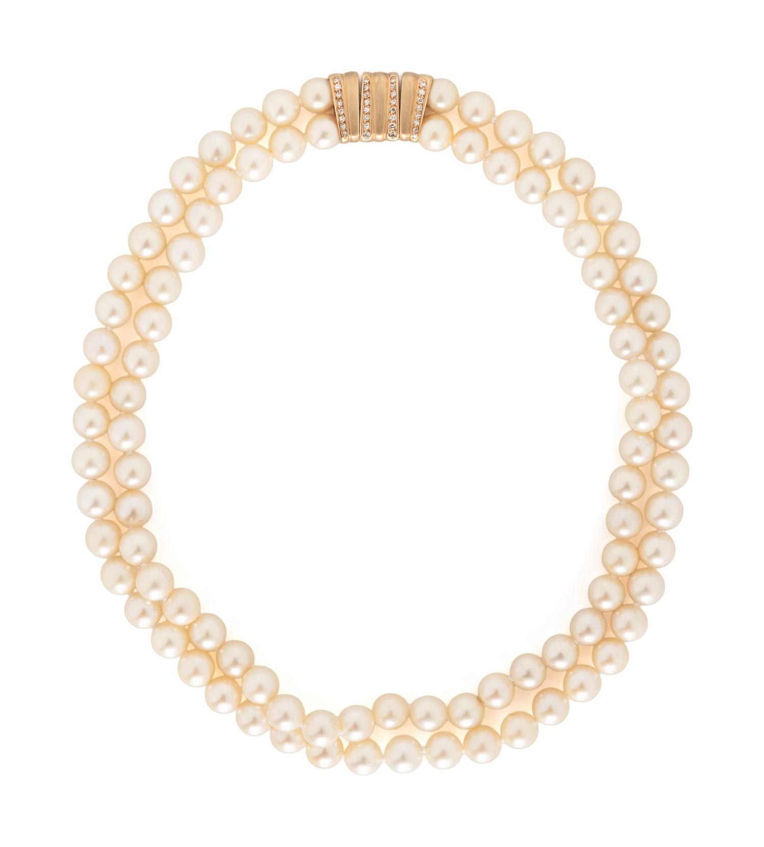 DOUBLE STRAND CULTURED PEARL AND DIAMOND NECKLACE