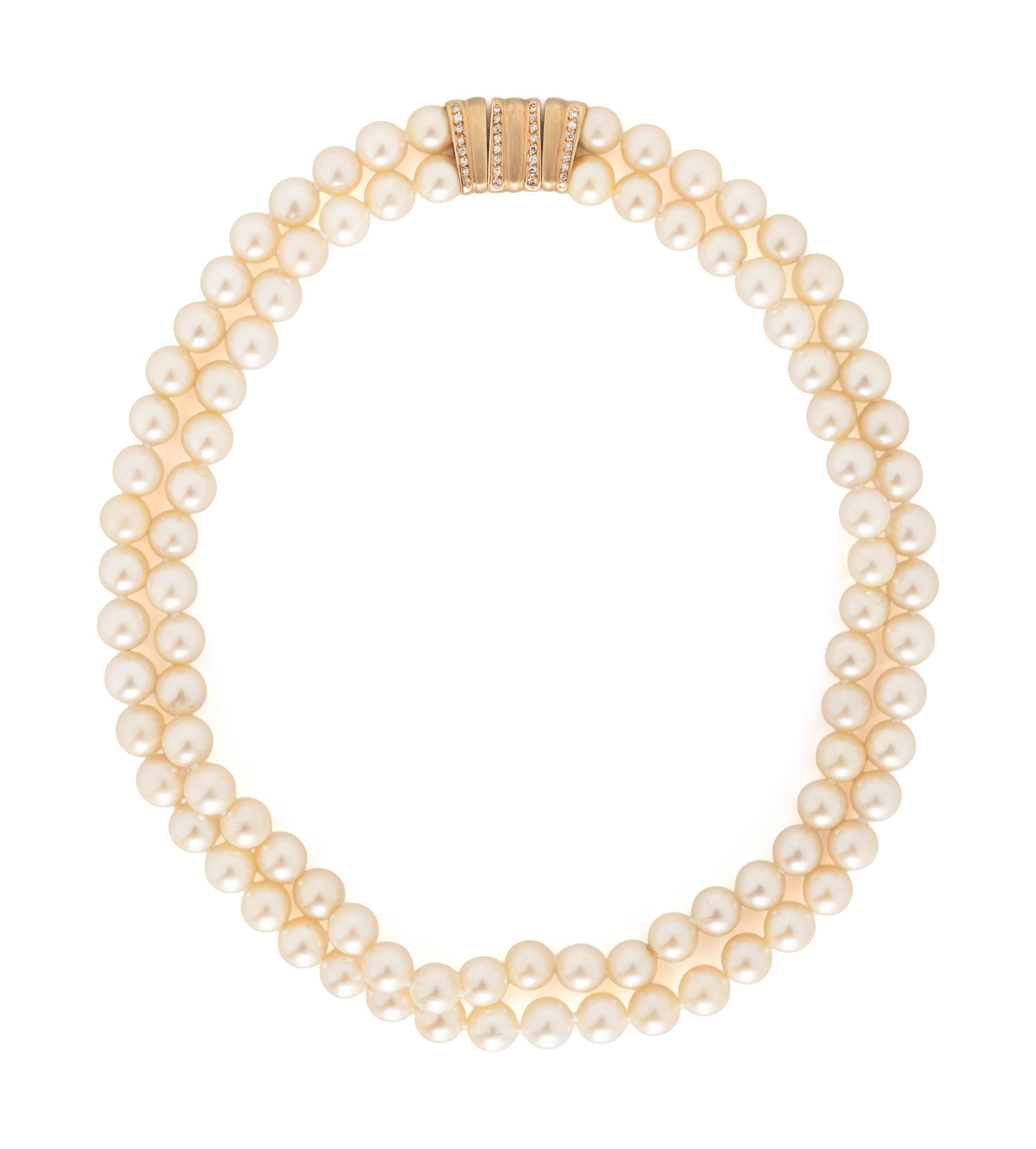 DOUBLE STRAND CULTURED PEARL AND DIAMOND NECKLACE