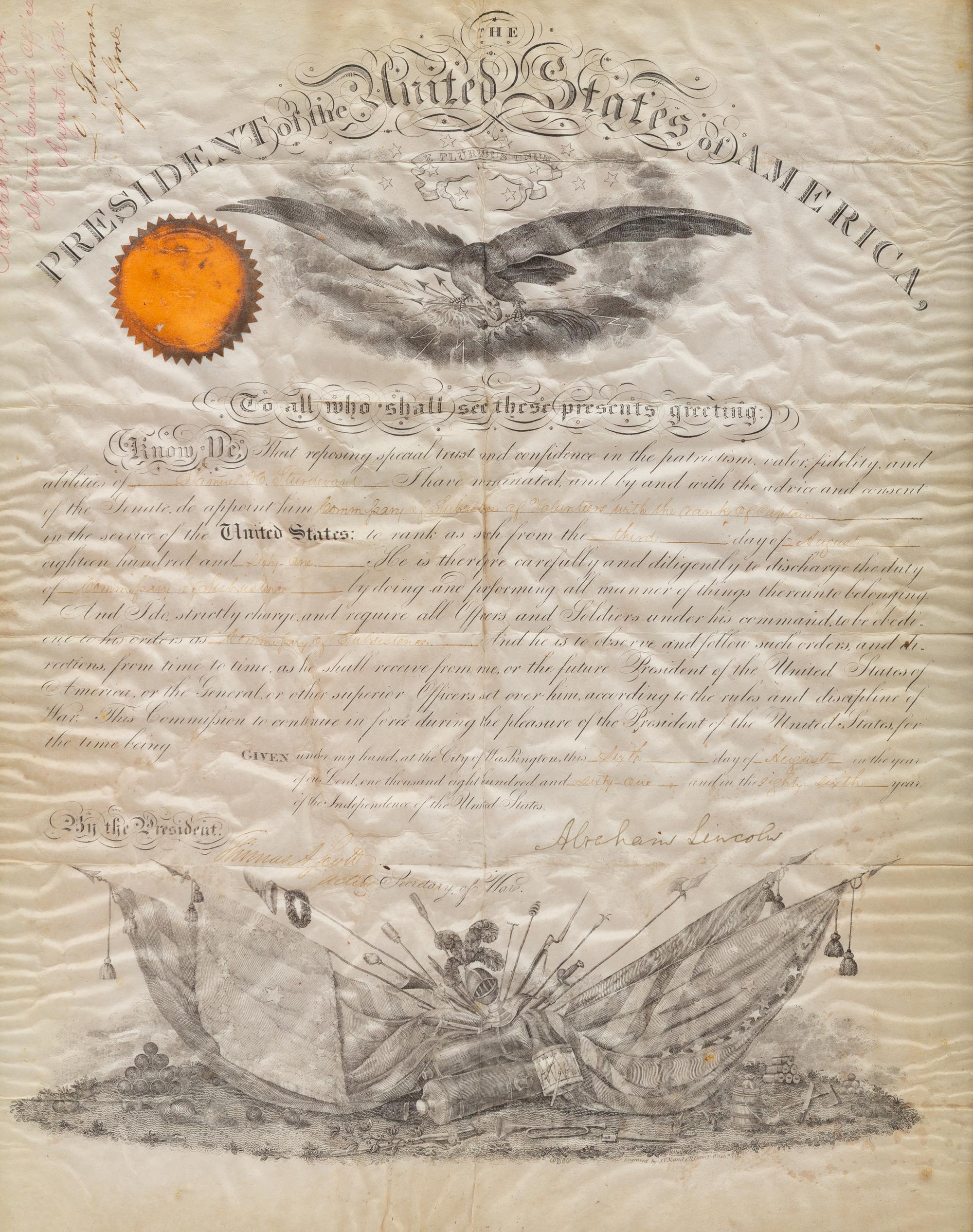 [Presidential] Lincoln, Abraham. Signed Military Commission