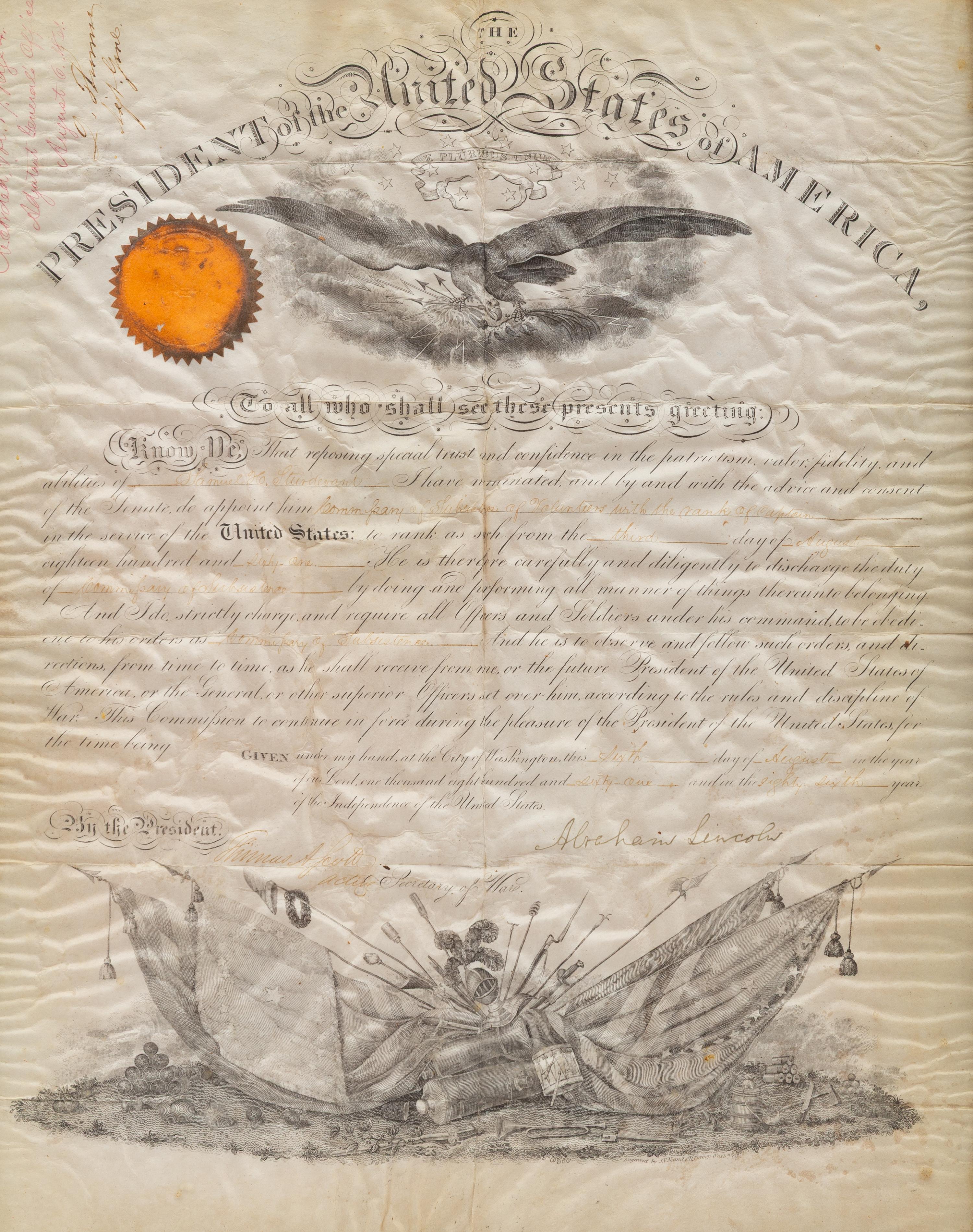 [Presidential] Lincoln, Abraham. Signed Military Commission