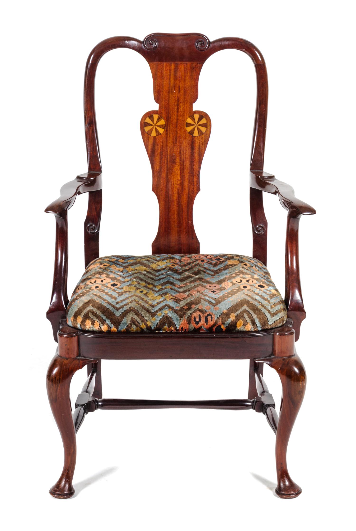 A Chippendale Style Inlaid Mahogany Open Arm Chair Height 39 1/2 inches. — EARLY 20TH CENTURY