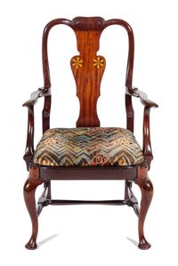 A Chippendale Style Inlaid Mahogany Open Arm Chair Height 39 1/2 inches. — EARLY 20TH CENTURY