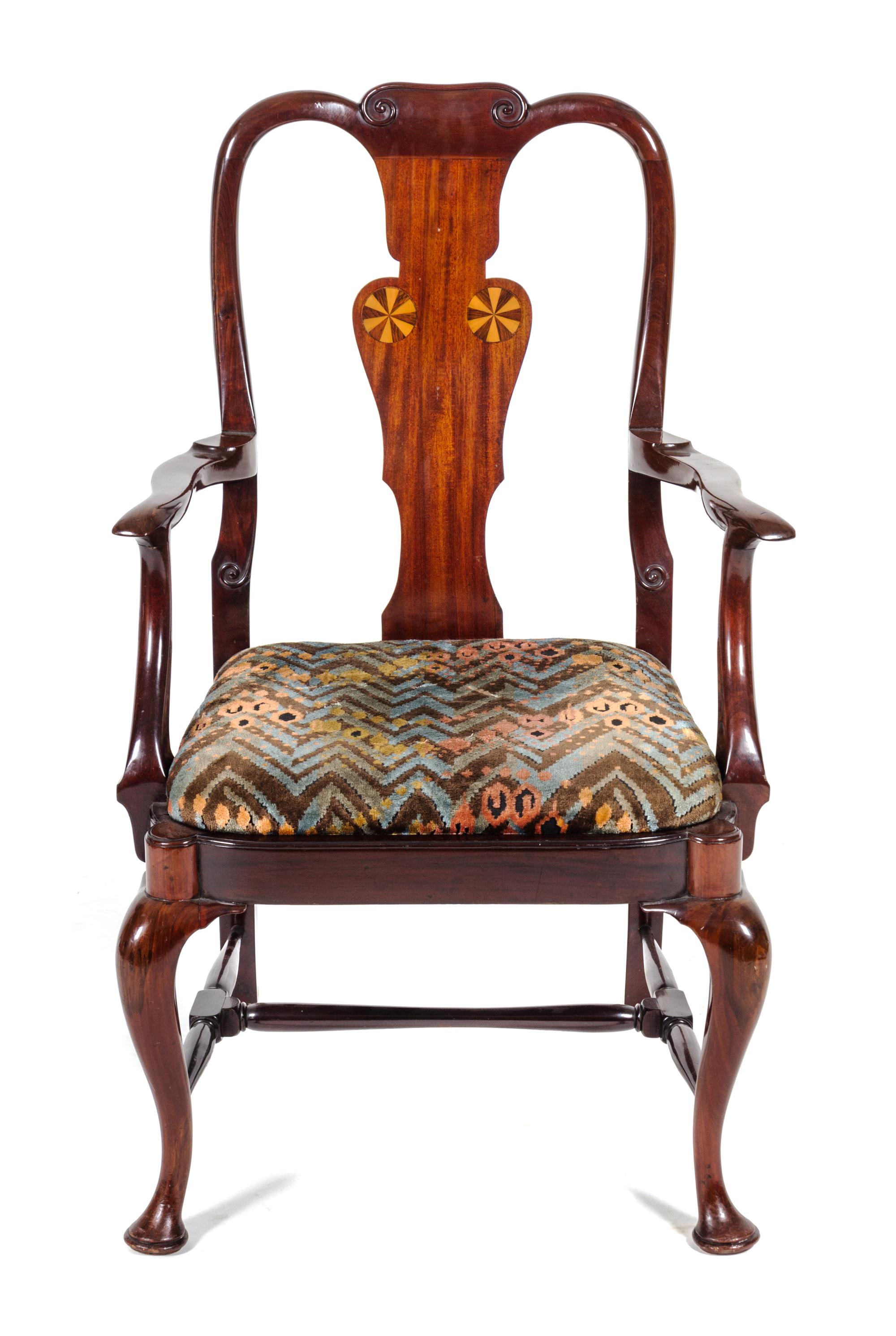 A Chippendale Style Inlaid Mahogany Open Arm Chair Height 39 1/2 inches. — EARLY 20TH CENTURY