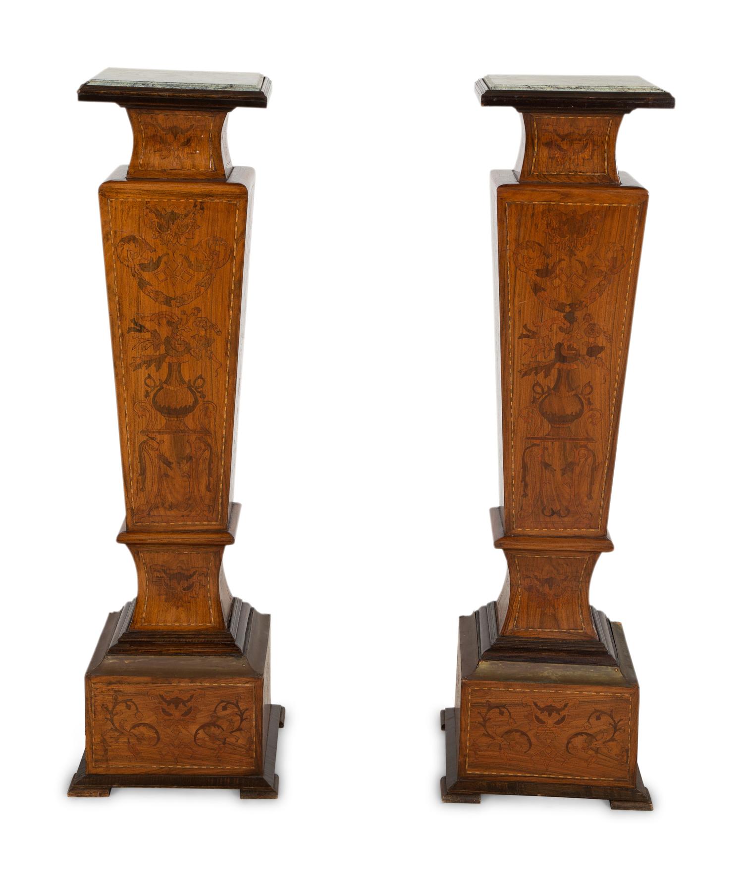 A Pair of Continental Marquetry Marble-Top Pedestals