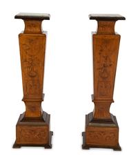 A Pair of Continental Marquetry Marble-Top Pedestals