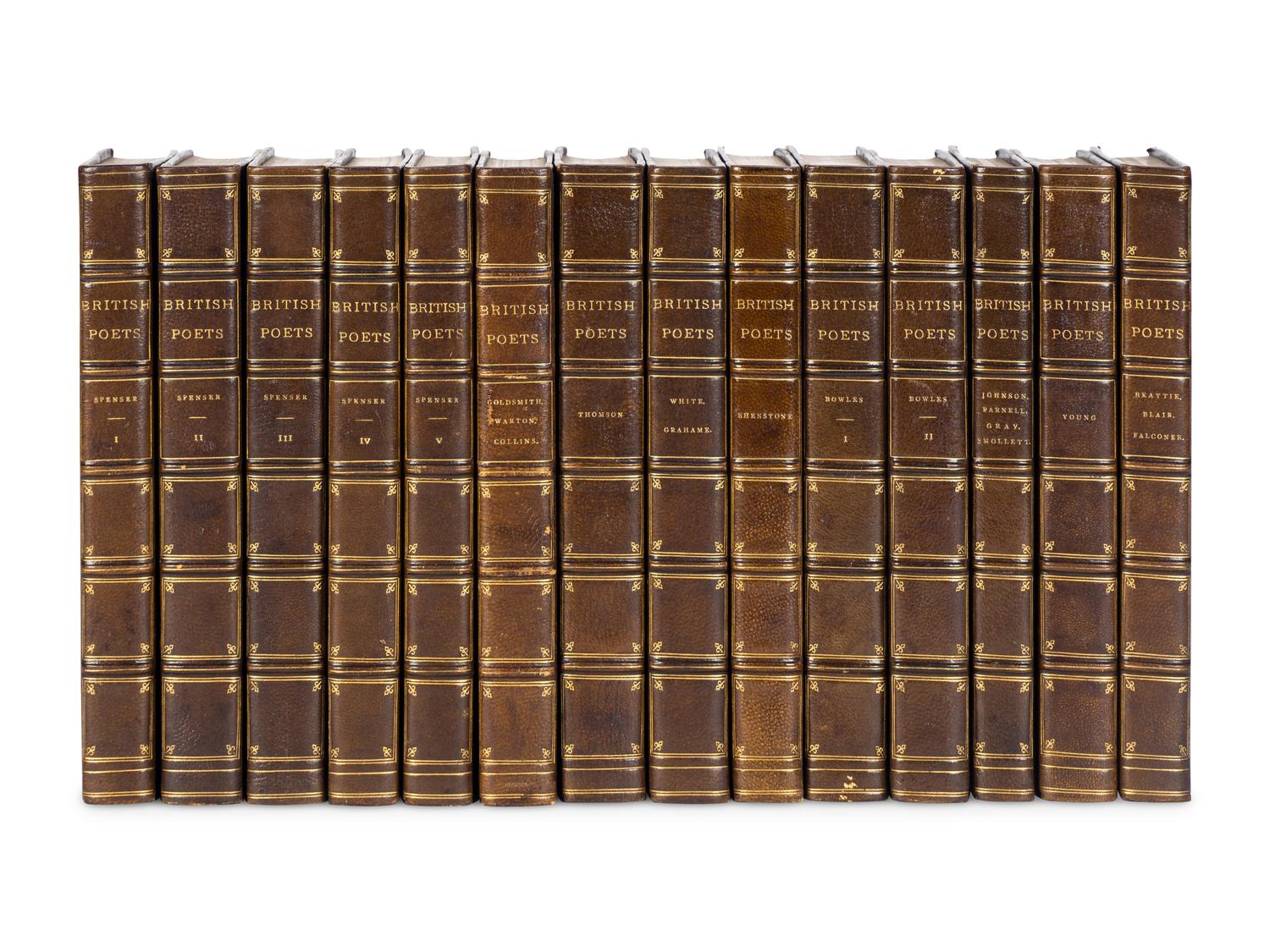 [BINDINGS]. A group of 175 volumes, most in fine full or half leather bindings, including works relating to American and European literature and poetry.