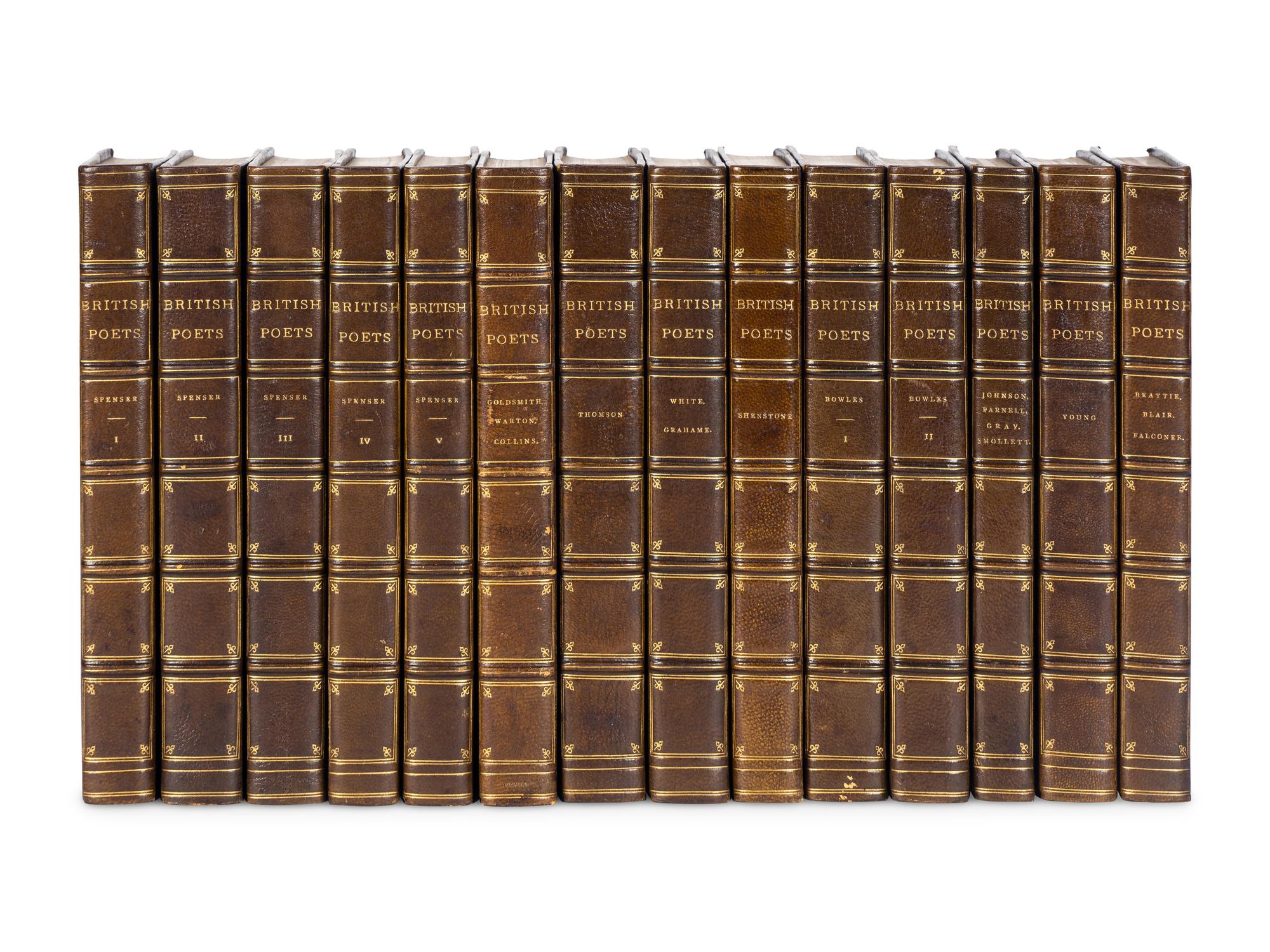 [BINDINGS]. A group of 175 volumes, most in fine full or half leather bindings, including works relating to American and European literature and poetry.
