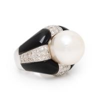 Onyx, Diamond, and Cultured Pearl Ring