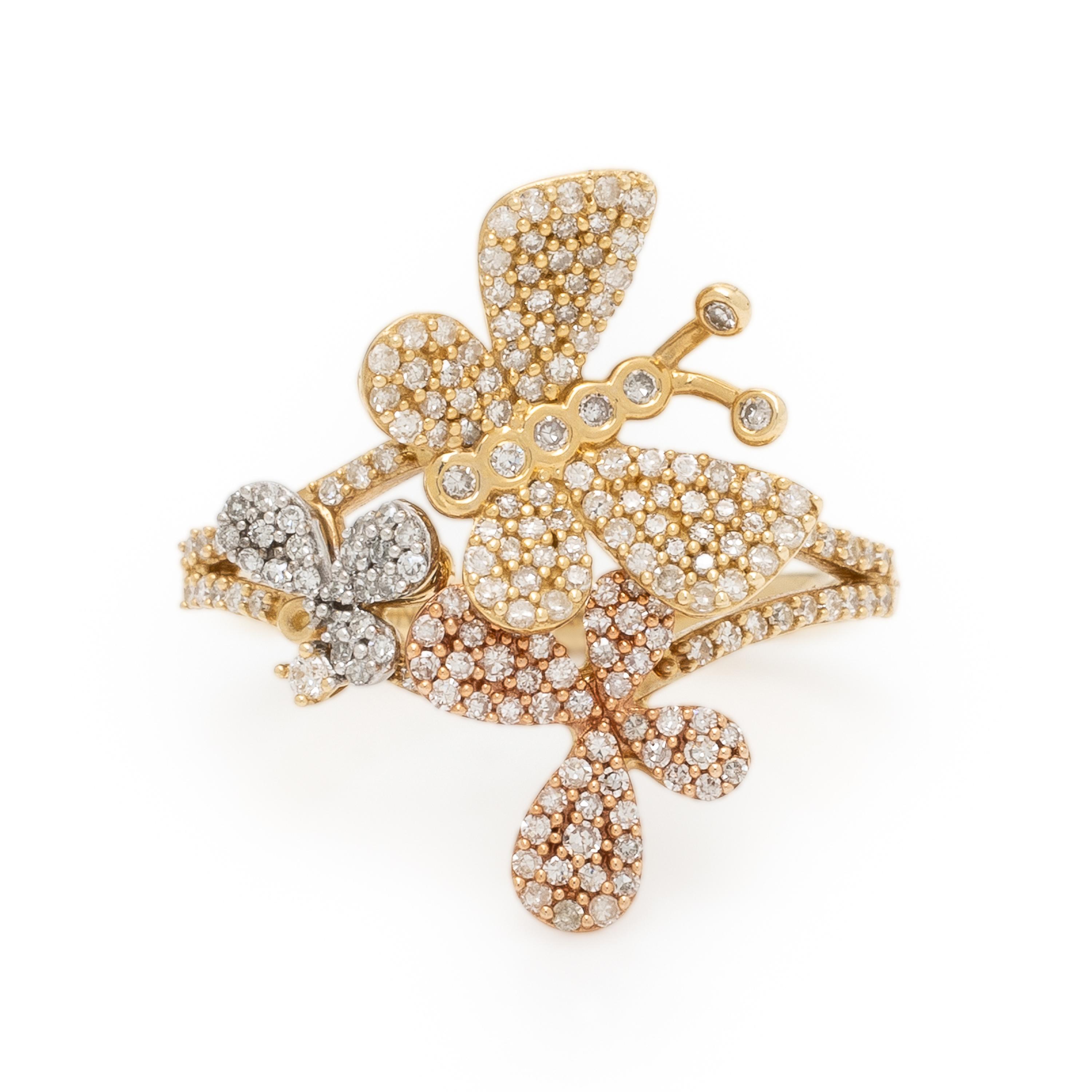Diamond, Colored Diamond, and Yellow Gold Butterfly Ring
