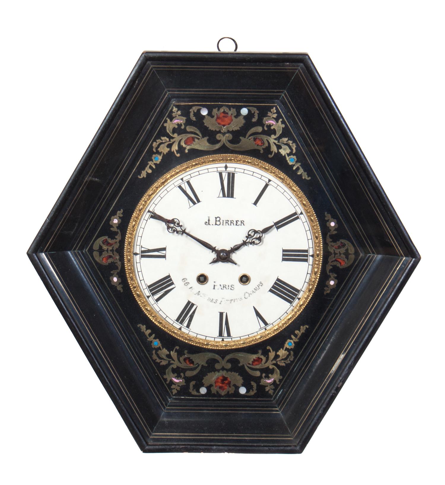 A French Brass Inlaid Ebonized Wall Clock Height 19 inches. — 19TH CENTURY