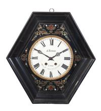 A French Brass Inlaid Ebonized Wall Clock Height 19 inches. — 19TH CENTURY