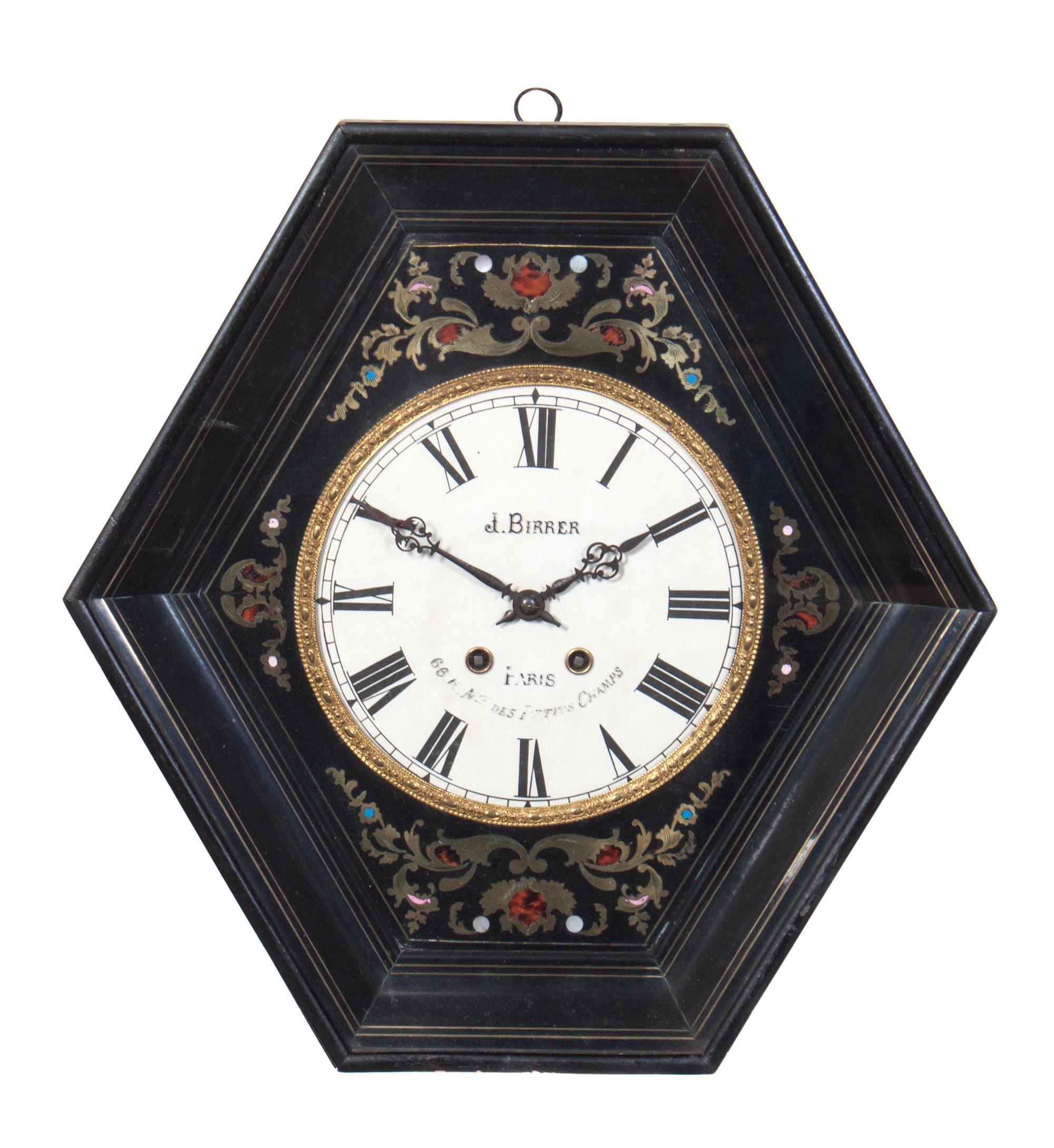 A French Brass Inlaid Ebonized Wall Clock Height 19 inches. — 19TH CENTURY