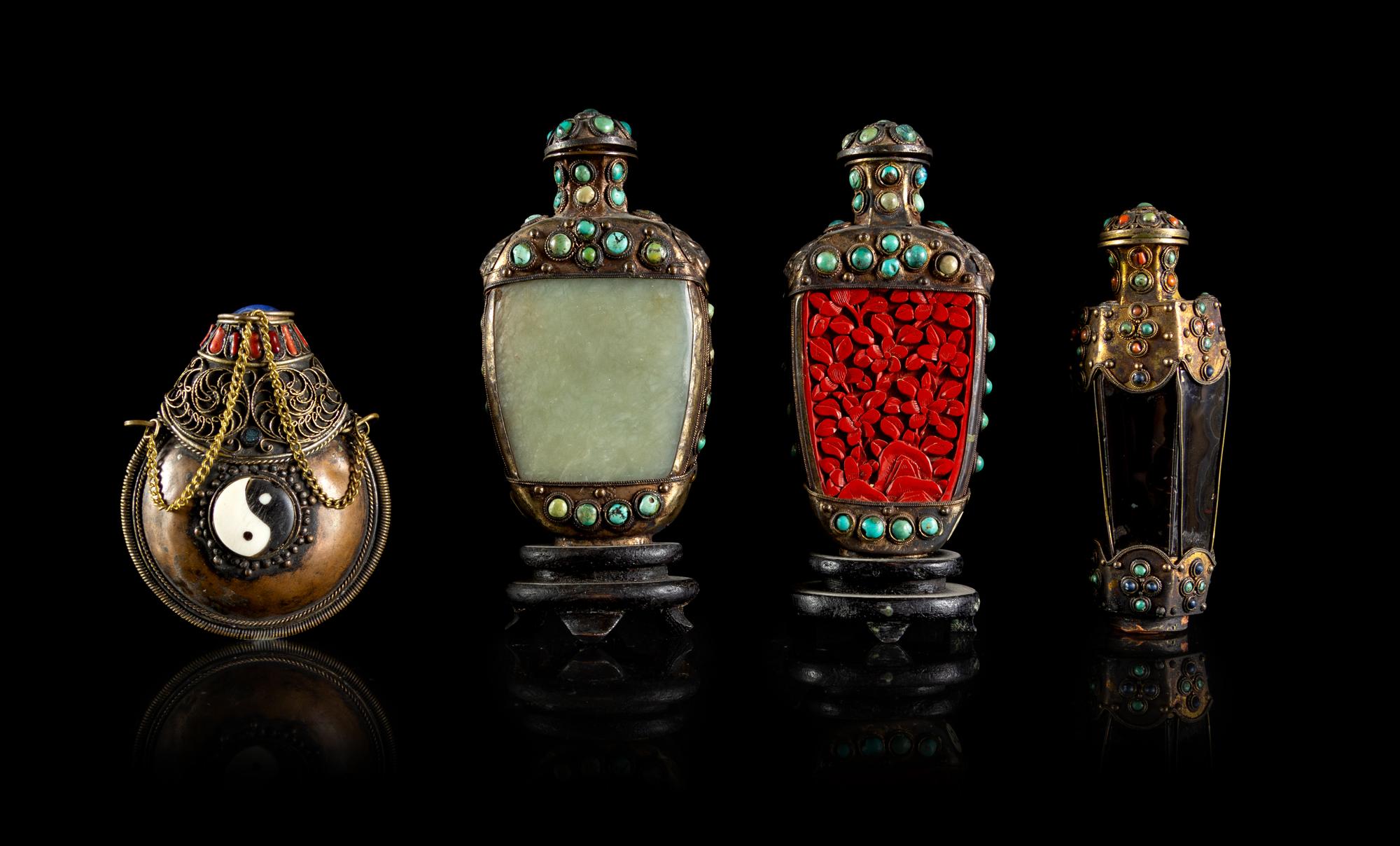 Four Chinese Mongolian Silver Mounted Snuff Bottles