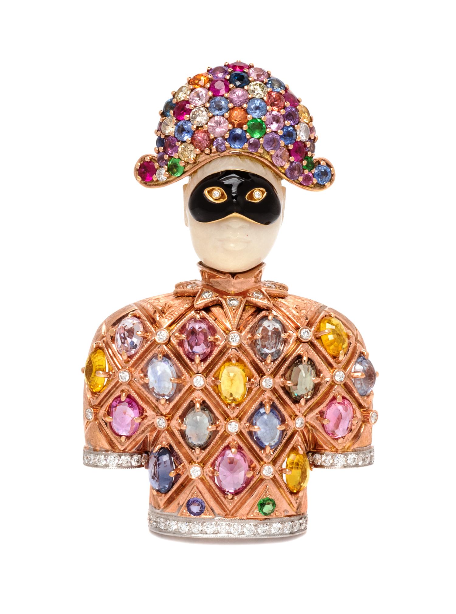 An 18 Karat Rose Gold, Multigem, Diamond, Hardstone and Enamel Harlequin Pendant/Brooch, A. Nardi, 37.85 dwts.