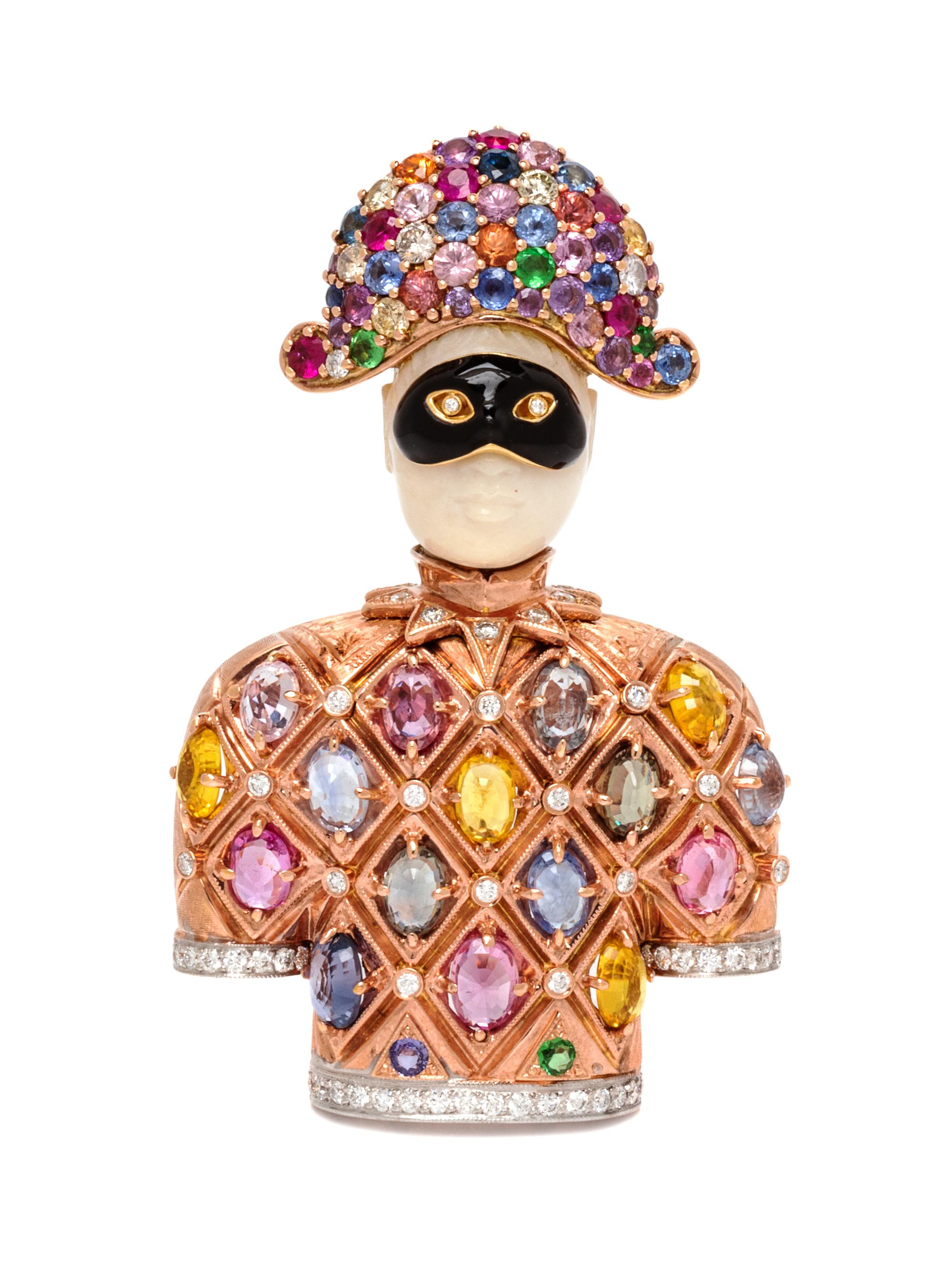 An 18 Karat Rose Gold, Multigem, Diamond, Hardstone and Enamel Harlequin Pendant/Brooch, A. Nardi, 37.85 dwts.