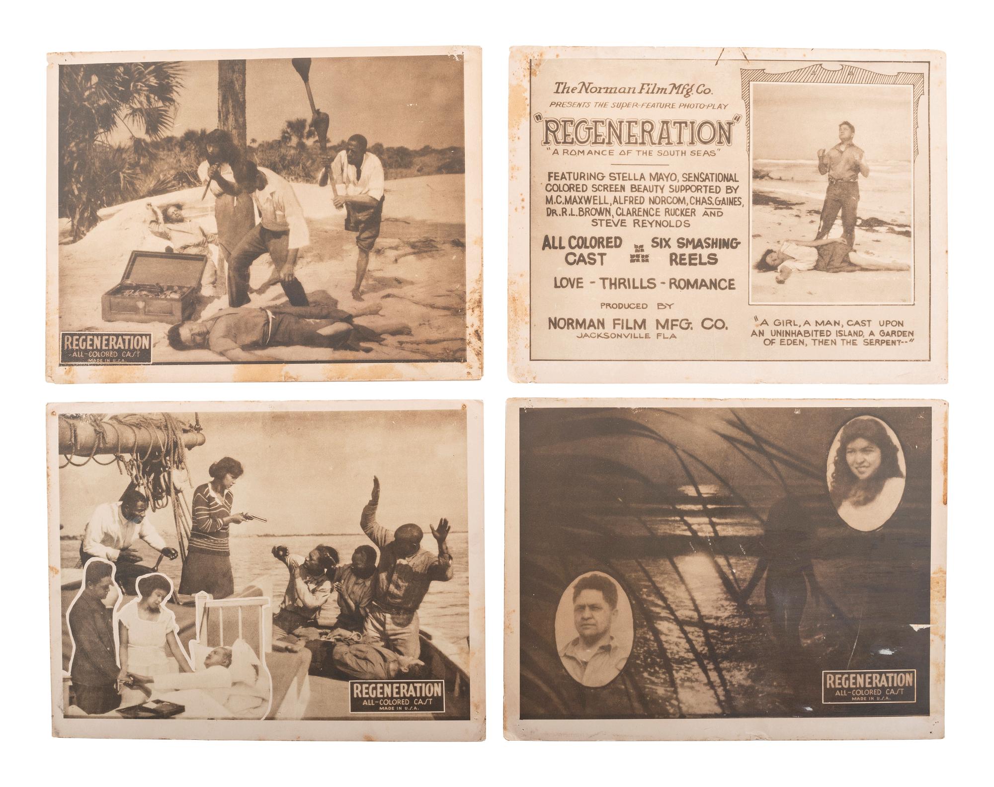 [FILM]. A group of 8 lobby cards illustrating scenes from Regeneration , a race film featuring an "All Colored Cast." Jacksonville, FL: Norman Film Mfg. Co., 1923.