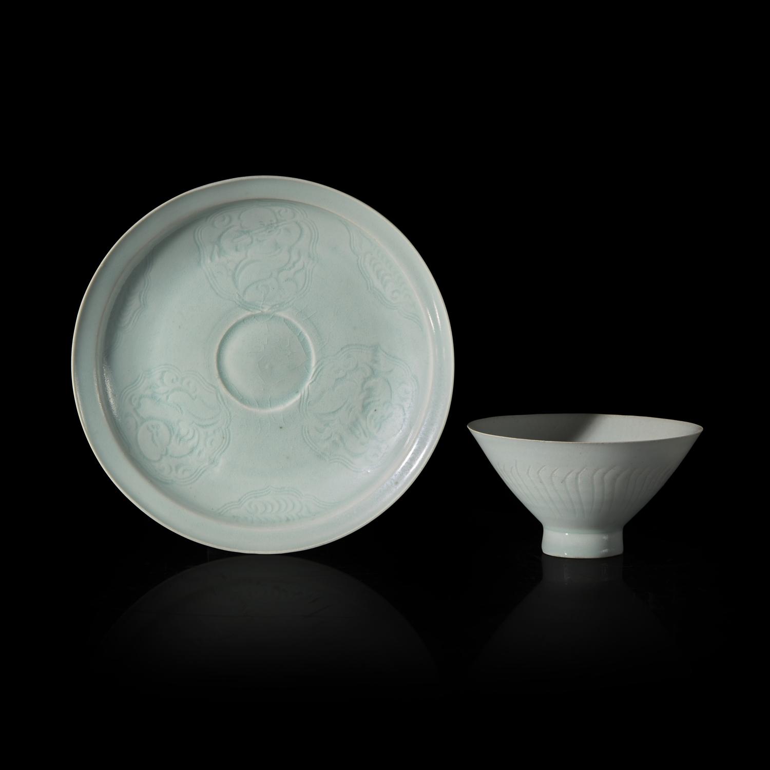 Two Chinese Qingbai Glazed Porcelain Wares, Southern Song Dynasty 南宋 青白釉杯碟兩件