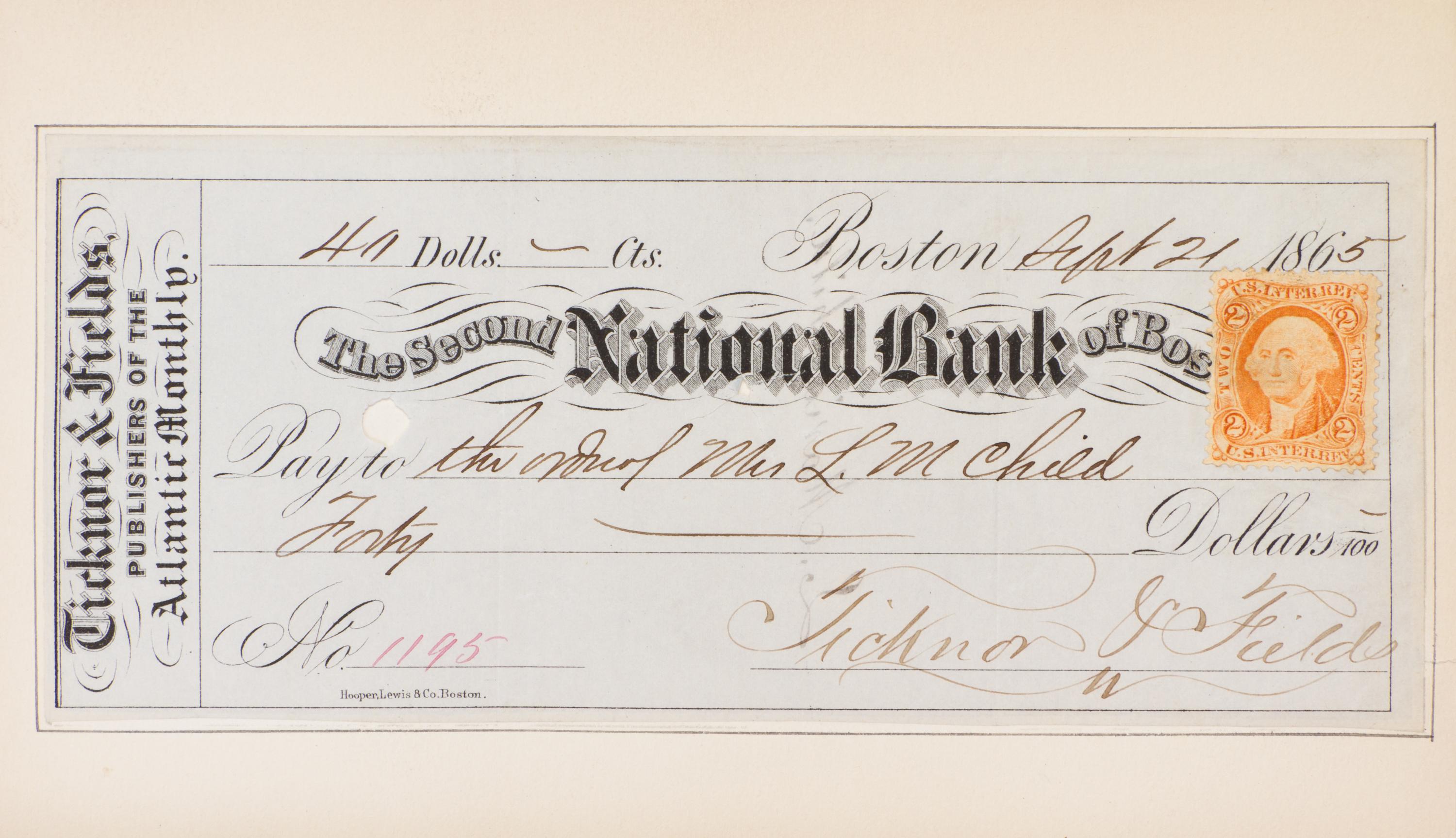 FIELDS, JAMES T. Yesterdays with Authors. London, 1872. 2 vols. With ALS, royalty checks, and ANS.