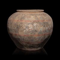 A Chinese Painted Pottery 'Mythical Beast' Jar, Han Dynasty — 漢 灰陶彩繪狩獵圖大罐