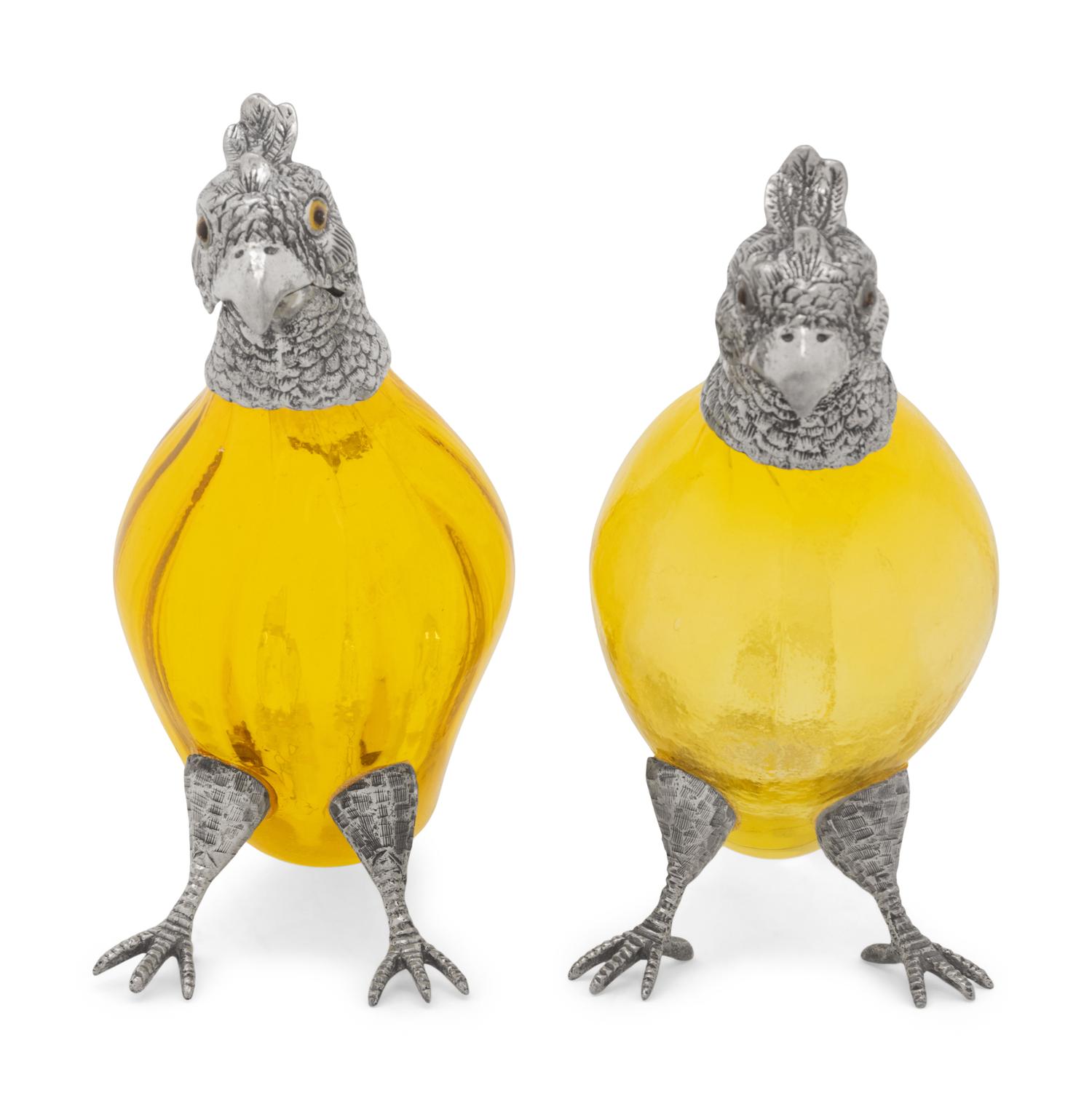 A Pair of Silver-Plate and Yellow Glass Pheasant Decanters