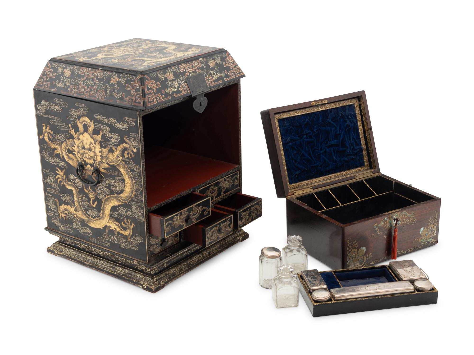 A Chinese Export Lacquer Dressing Cabinet and a Mother-of-Pearl Inlaid Rosewood Box