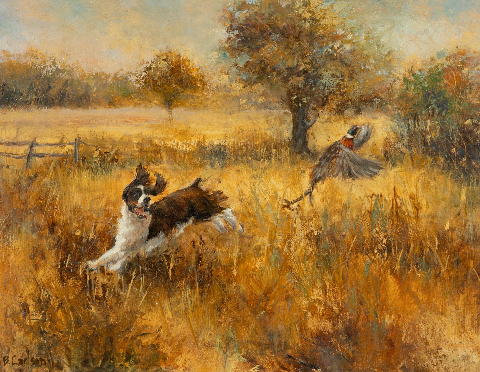 A Dog Chasing a Pheasant and Two Hounds in the Field, with Bob Whites in flight (two works)