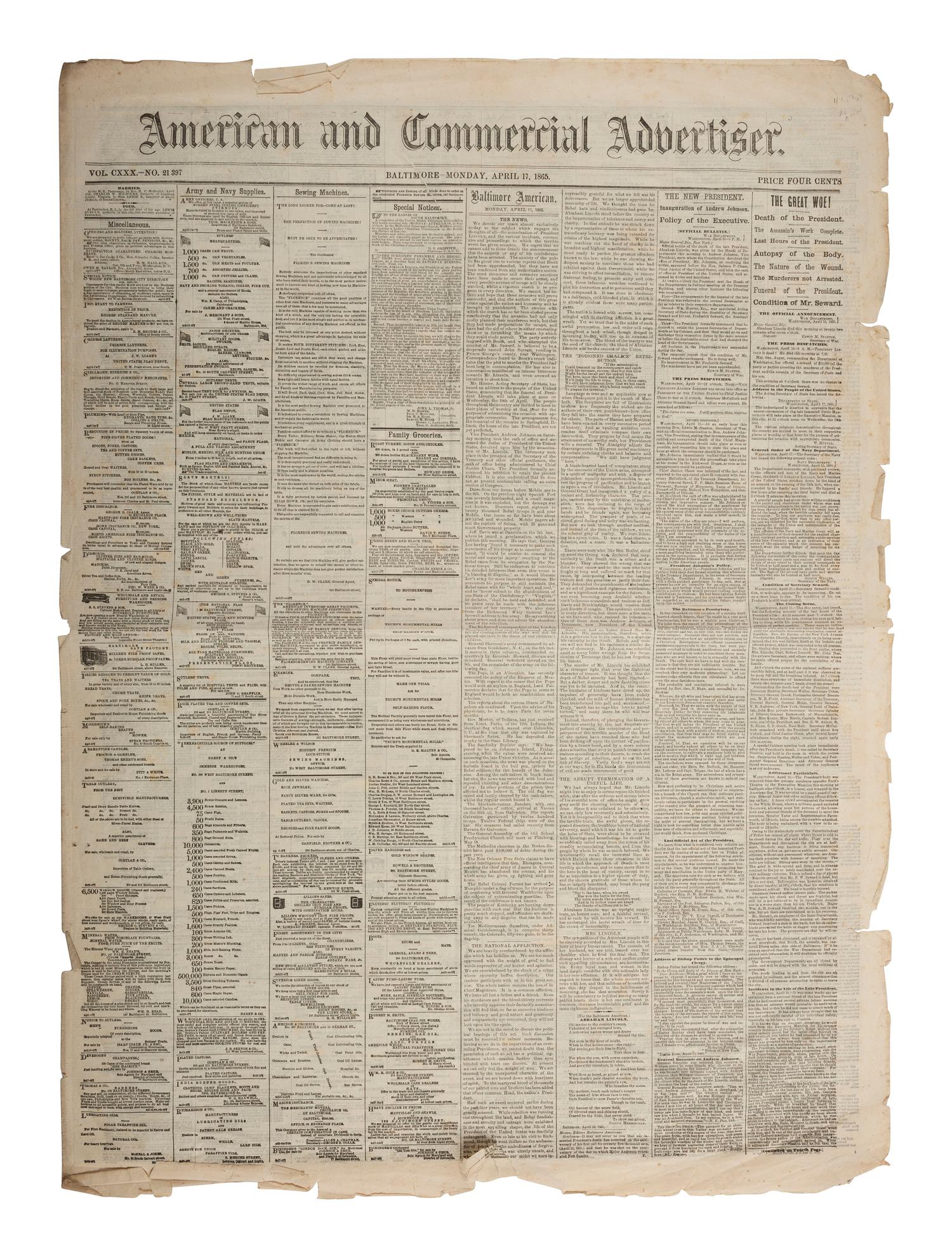 [LINCOLN, Abraham (1809-1865) - ASSASSINATION]. American and Commercial Advertiser . Vol. CXXX, No. 21,397. Baltimore, MD: 17 April 1865.