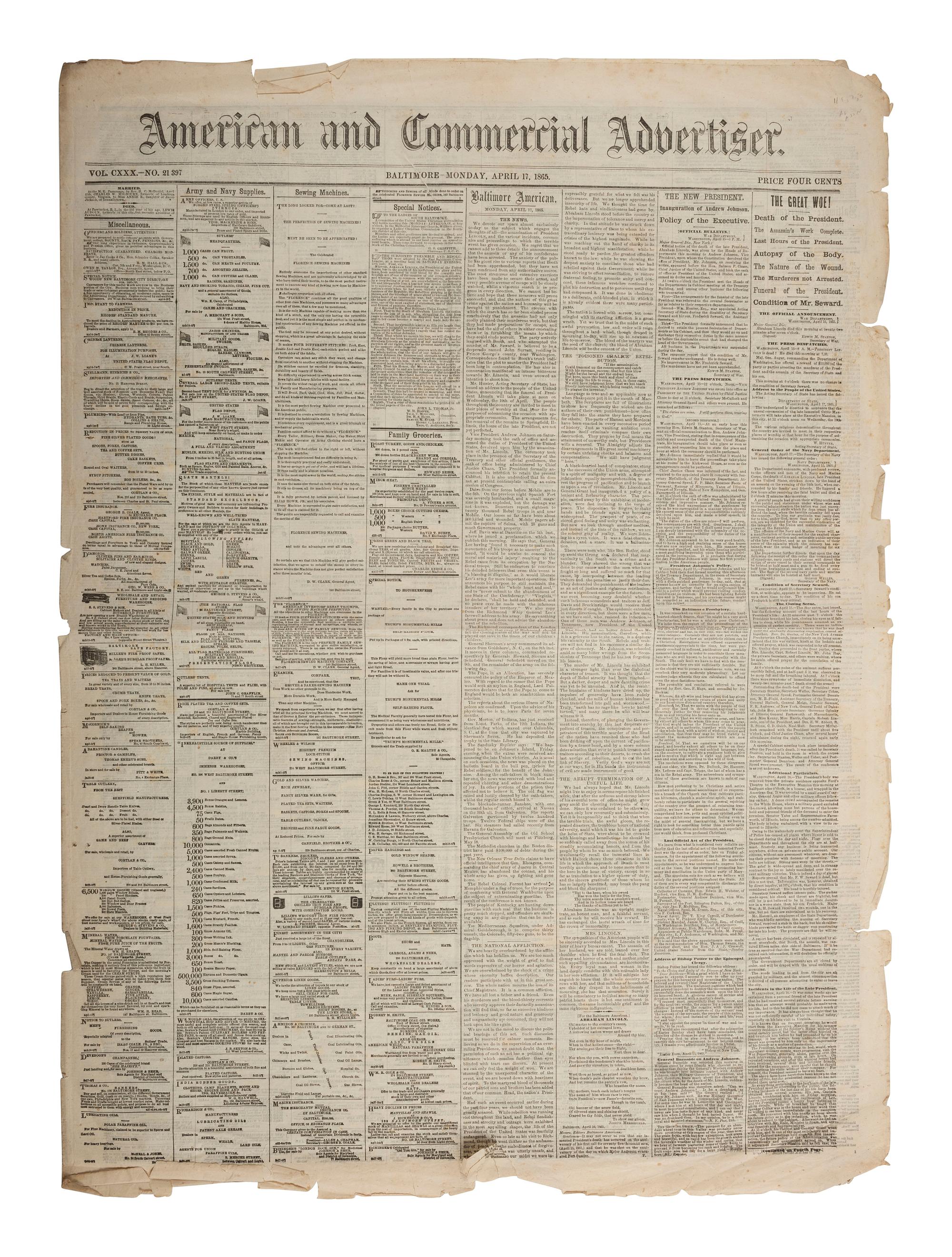 [LINCOLN, Abraham (1809-1865) - ASSASSINATION]. American and Commercial Advertiser . Vol. CXXX, No. 21,397. Baltimore, MD: 17 April 1865.