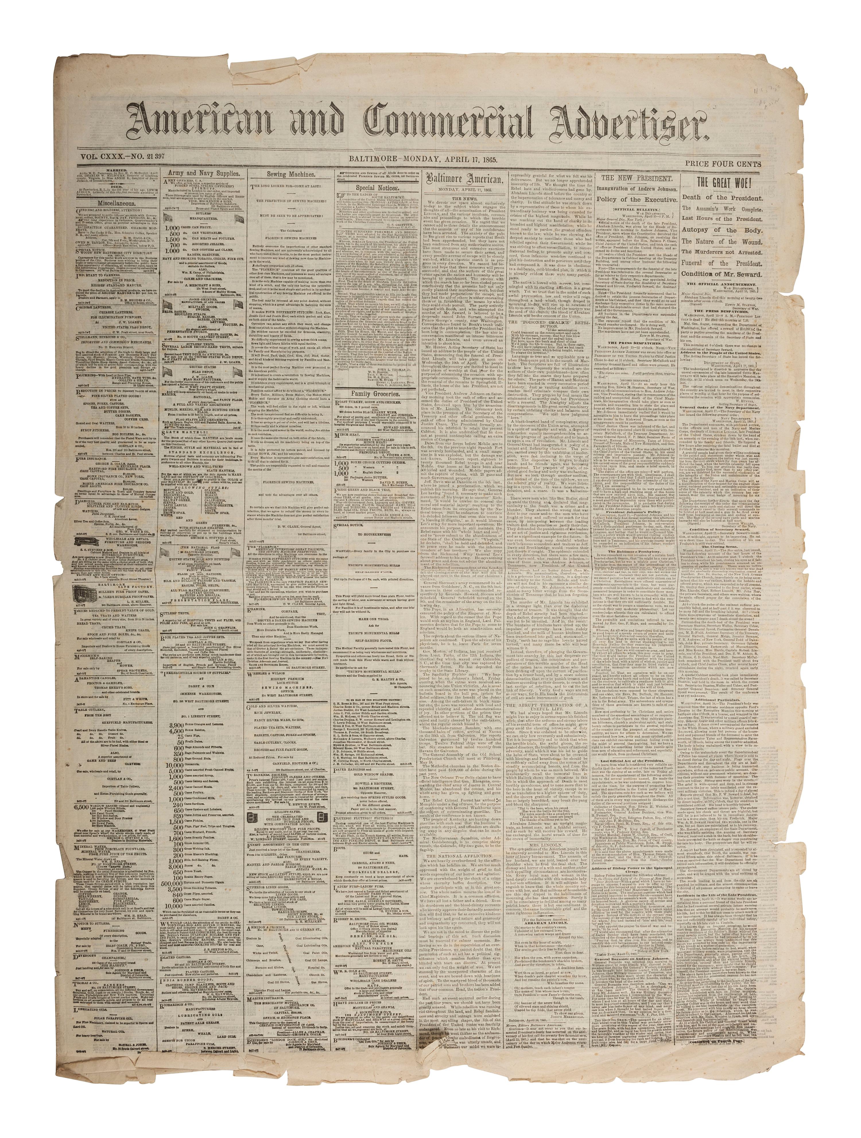 [LINCOLN, Abraham (1809-1865) - ASSASSINATION]. American and Commercial Advertiser . Vol. CXXX, No. 21,397. Baltimore, MD: 17 April 1865.