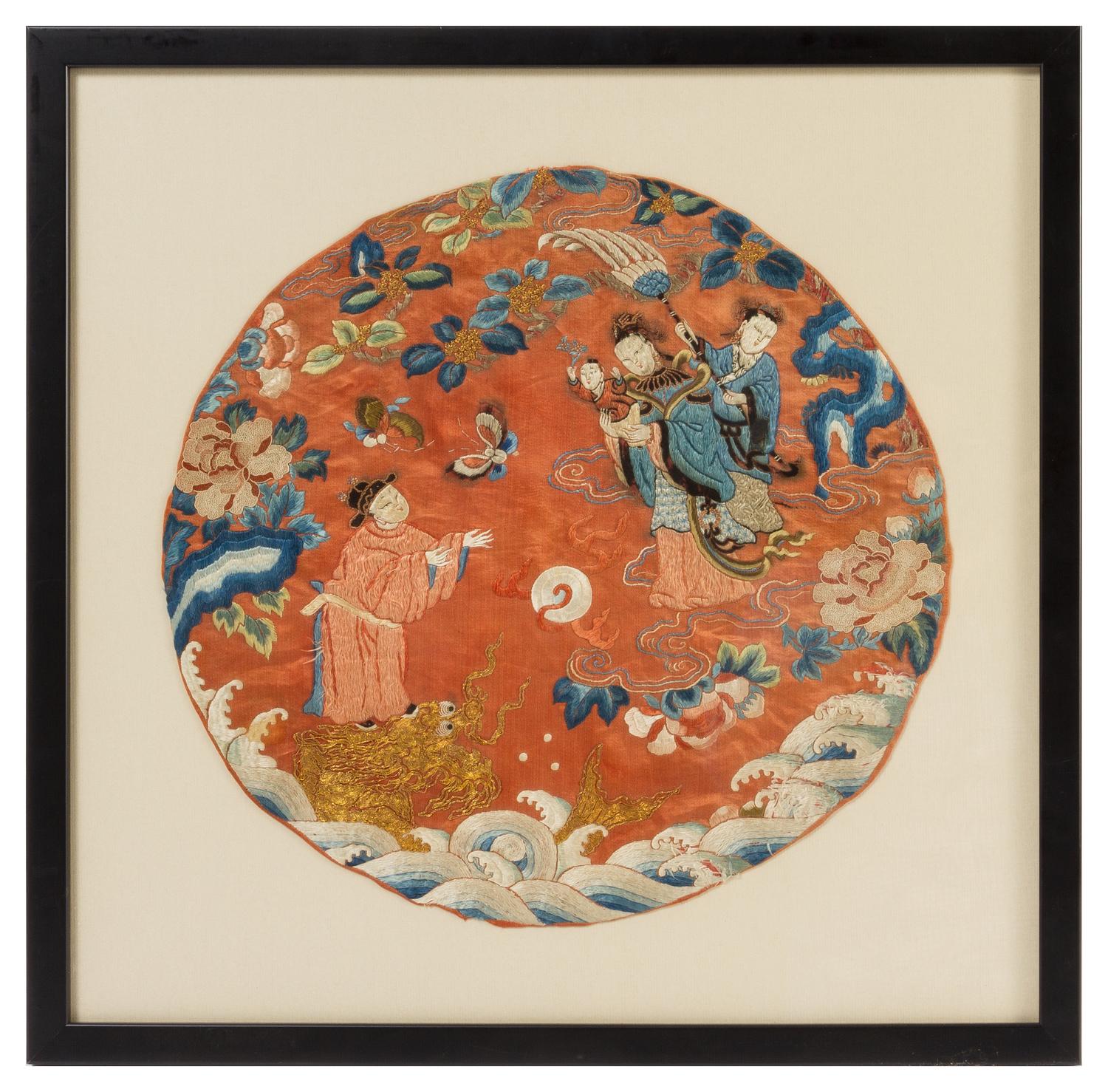 An Embroidered Silk Panel LIKELY 19TH CENTURY Diameter 15 3/4 inches. — LIKELY 19TH CENTURY
