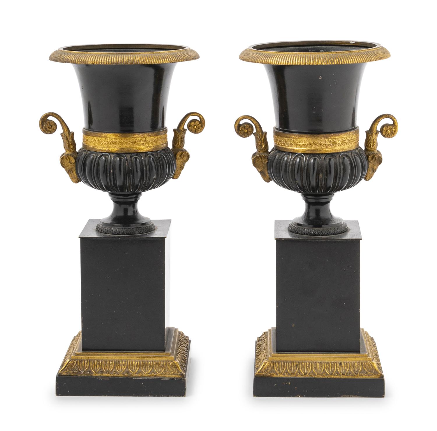 A Pair of Empire Style Gilt and Patinated Bronze Campagna Urns