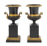 A Pair of Empire Style Gilt and Patinated Bronze Campagna Urns