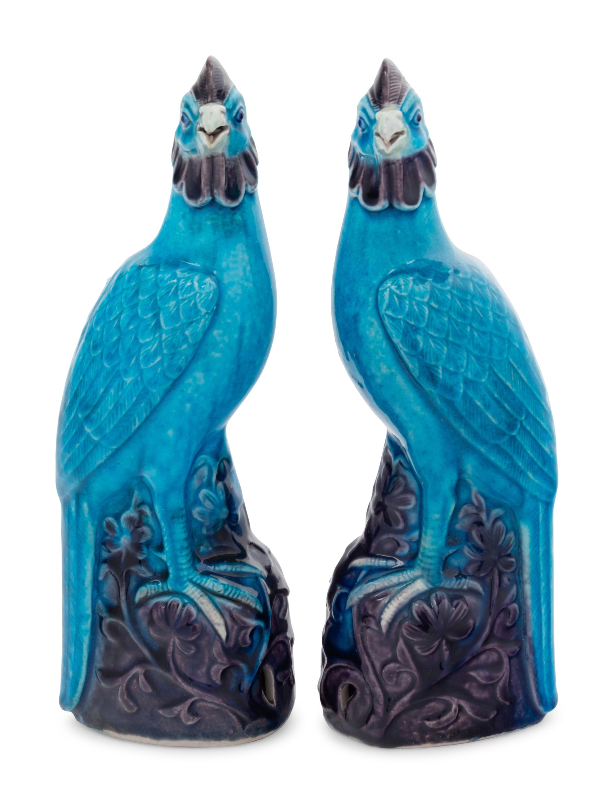 A Pair of Chinese Export Turquoise and Purple Glazed Porcelain Roosters