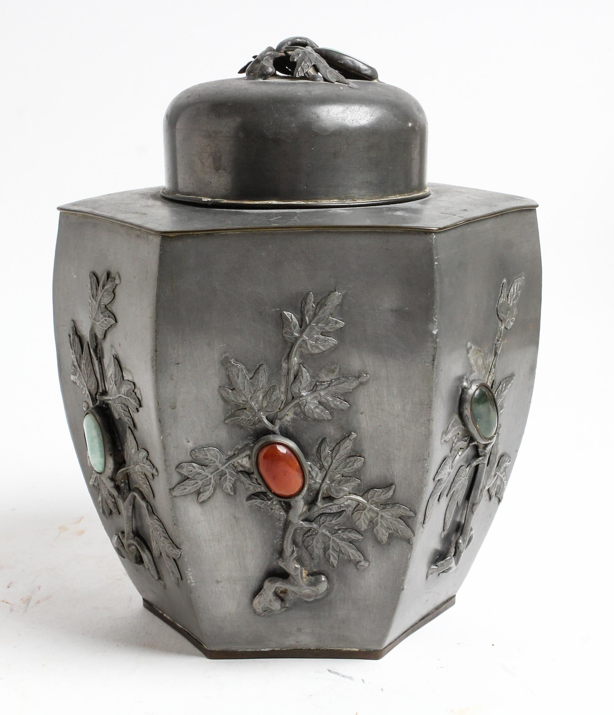 A Hardstone Inset Pewter Covered Jar Height 8 1/4 inches. — 20TH CENTURY