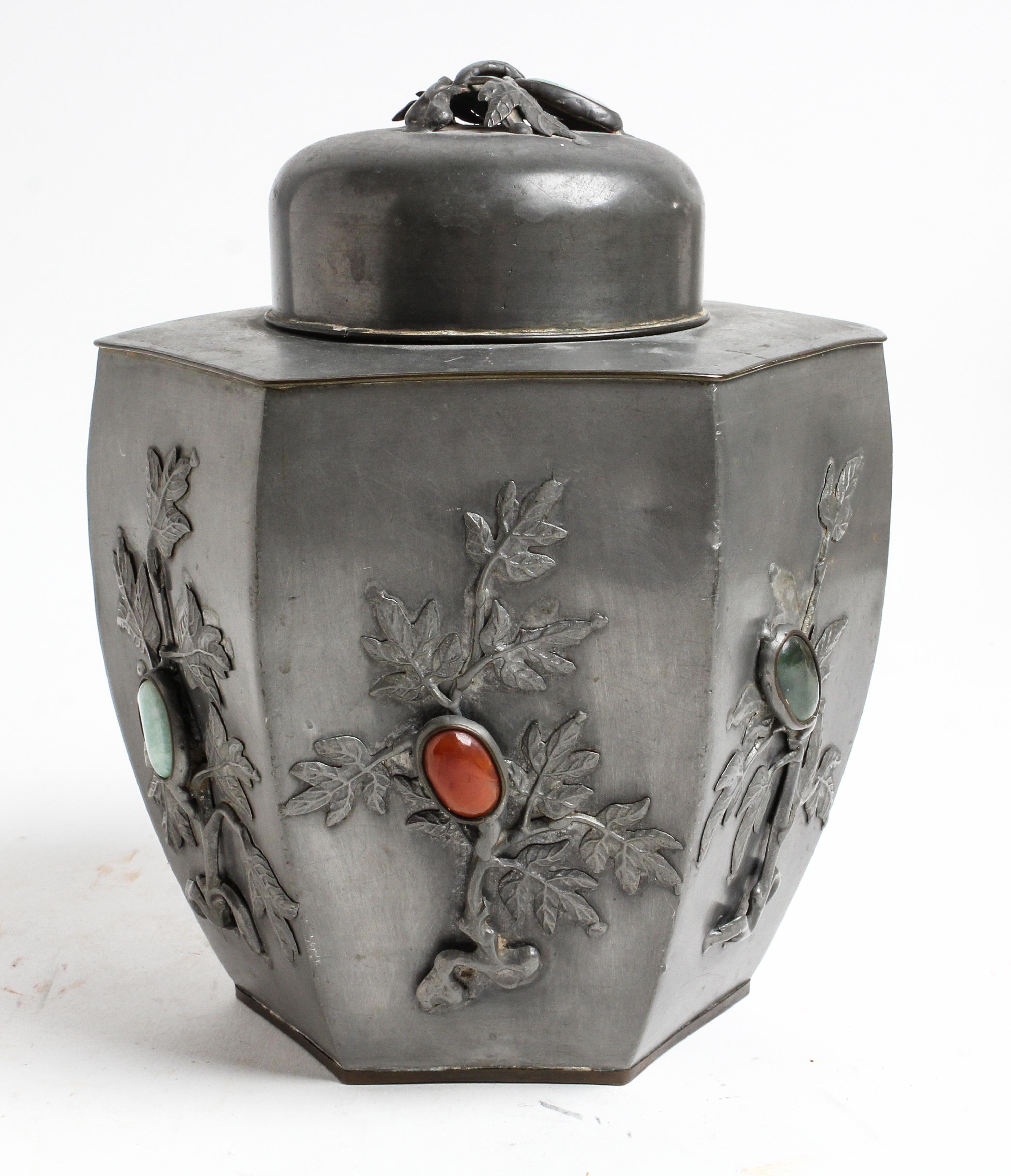 A Hardstone Inset Pewter Covered Jar Height 8 1/4 inches. — 20TH CENTURY