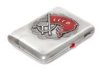 A Russian Silver and Enamel Cigarette Case, Marked with a Soviet-era Artel stamp, Moscow, the lid decorated with the Soviet hammer and