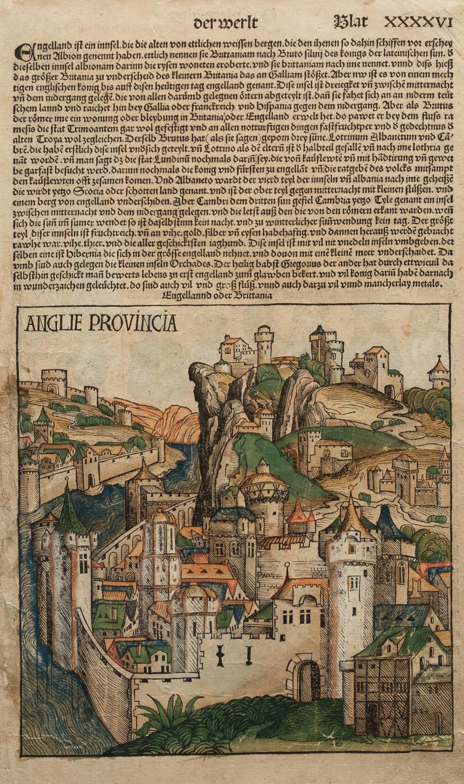 [LEAVES -- INCUNABULA] -- [SCHEDEL, Hartmann]. Two Incunabula leaves with hand-coloring from the Liber Chonicarum , or Nuremberg Chronicle . [Nuremberg, 1493].